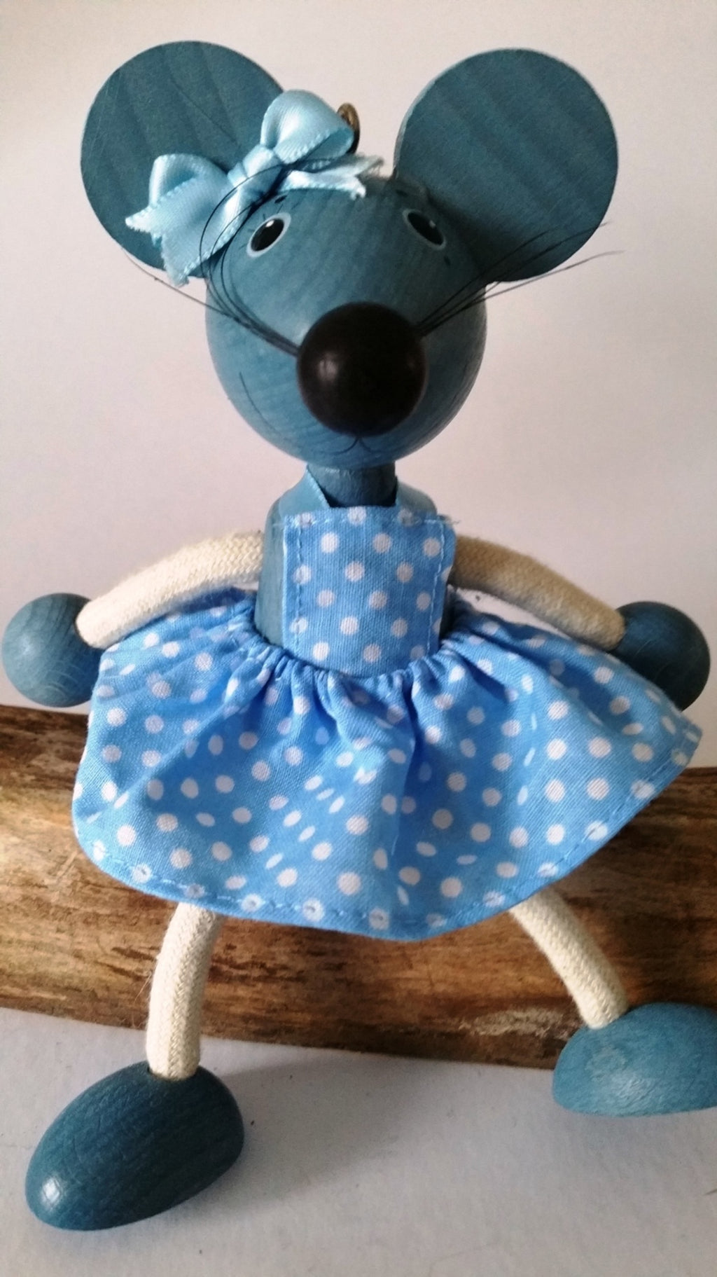 Handcrafted Mouse Girl  Blue Wooden Bouncy Puppet 🐭💙