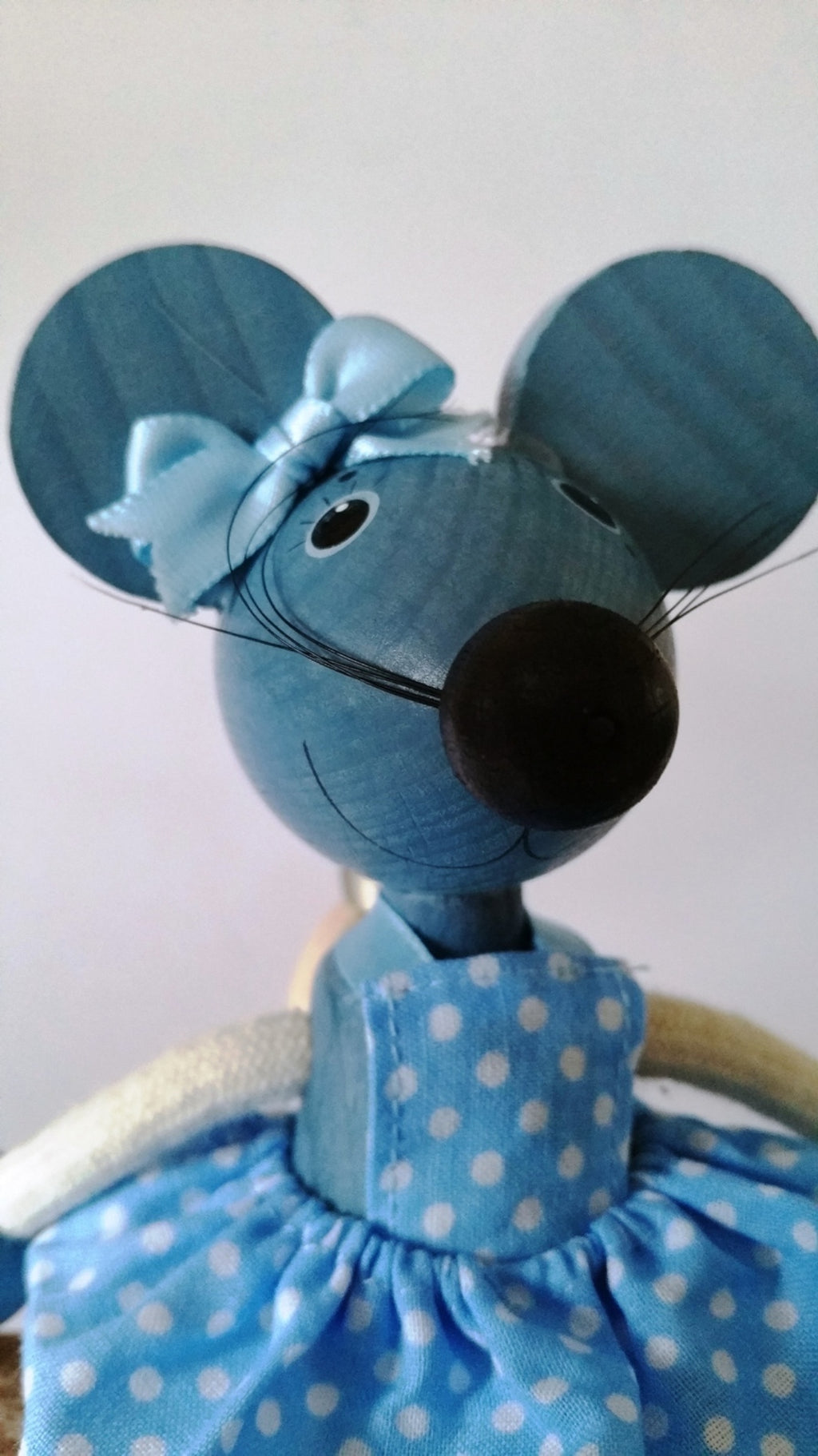 Handcrafted Mouse Girl  Blue Wooden Bouncy Puppet 🐭💙