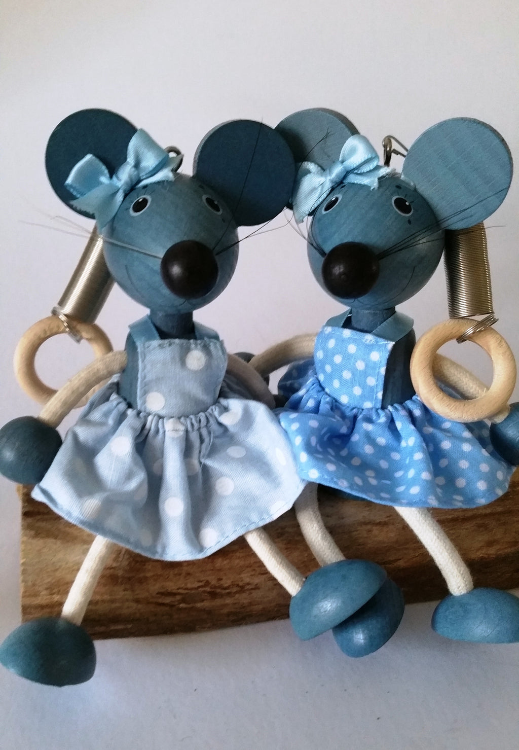 Handcrafted Mouse Girl  Blue Wooden Bouncy Puppet 🐭💙