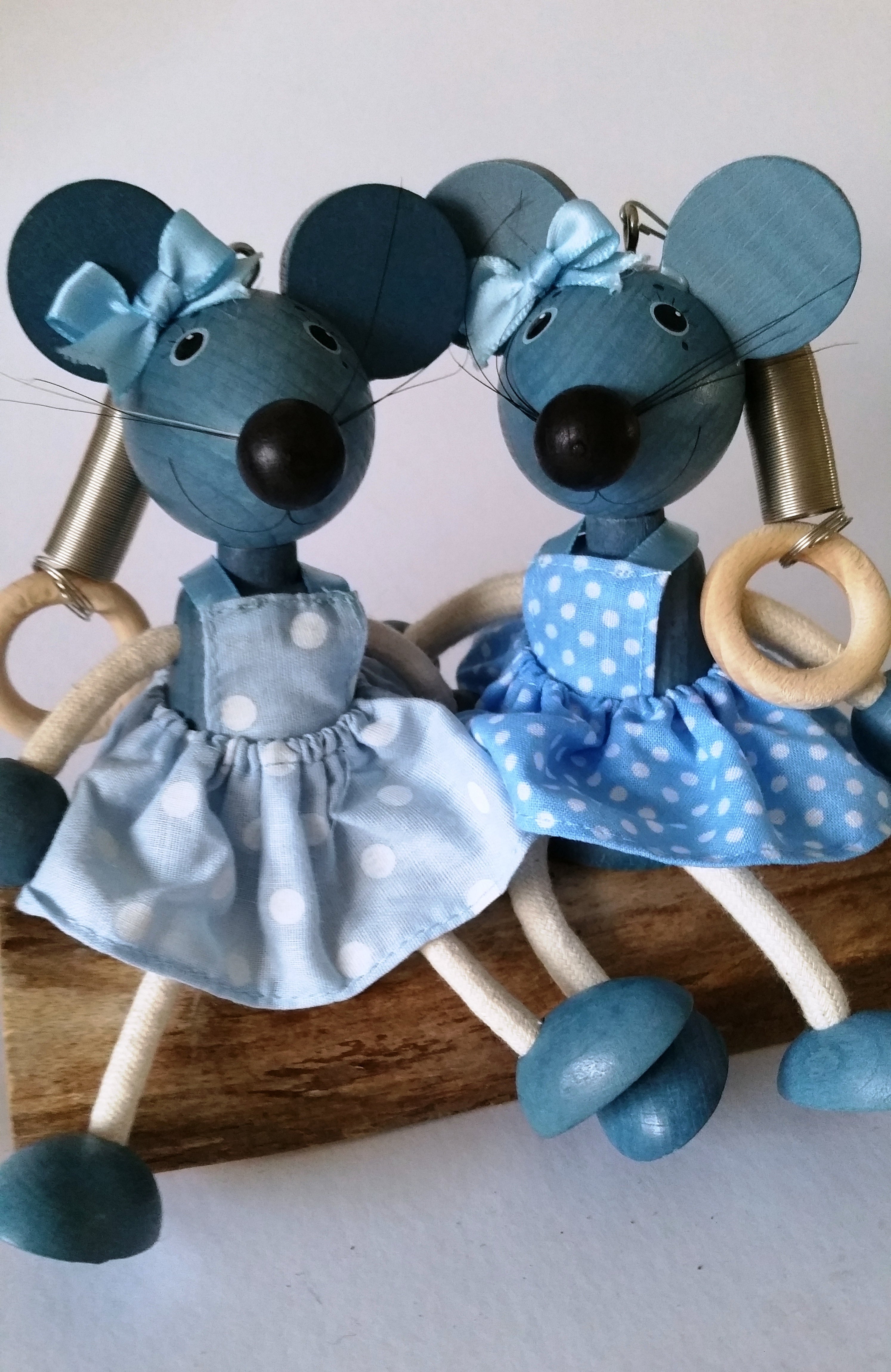 Handcrafted Mouse Girl  Blue Wooden Bouncy Puppet 🐭💙