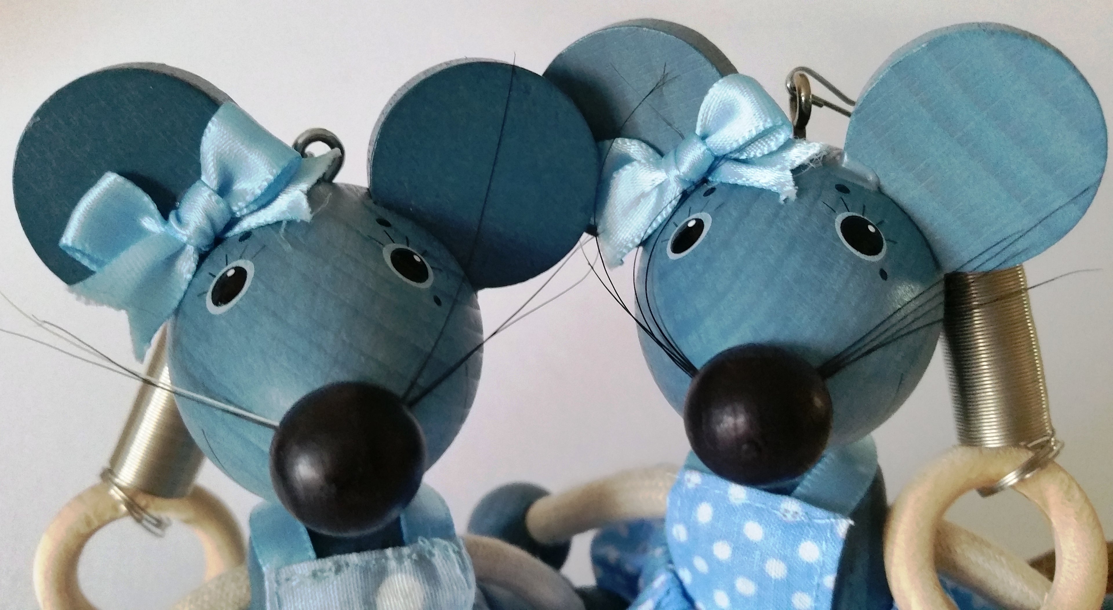 Handcrafted Mouse Girl  Blue Wooden Bouncy Puppet 🐭💙