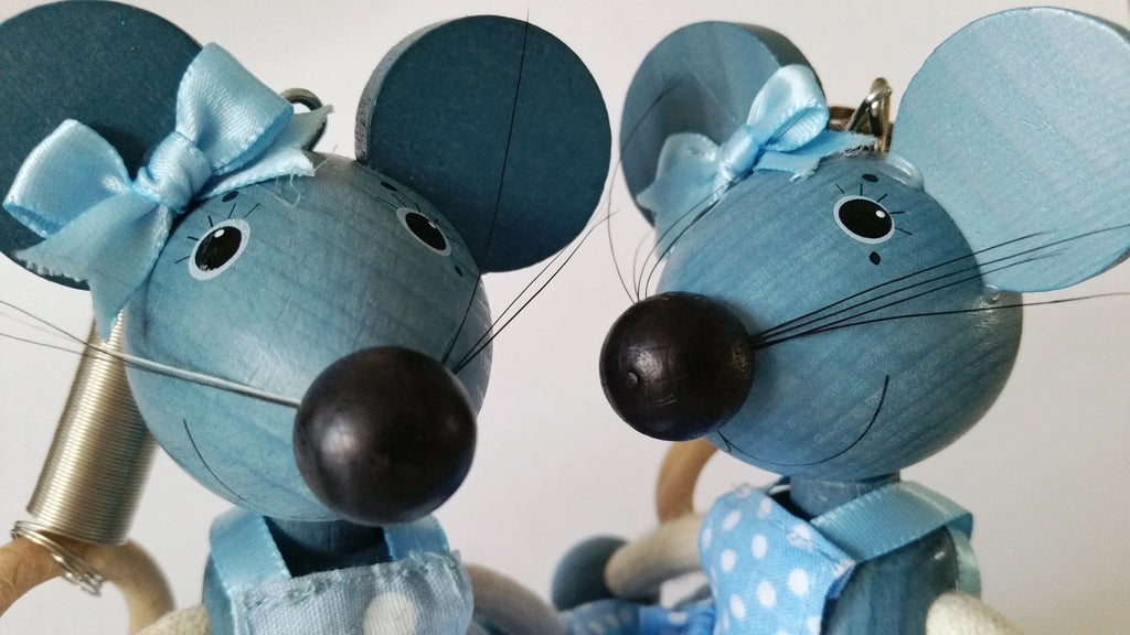 Handcrafted Mouse Girl  Blue Wooden Bouncy Puppet 🐭💙