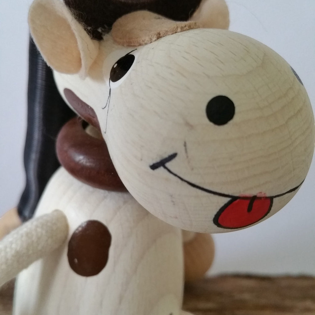 Handcrafted Cow Boy Wooden Bouncy Puppet 🐄✨