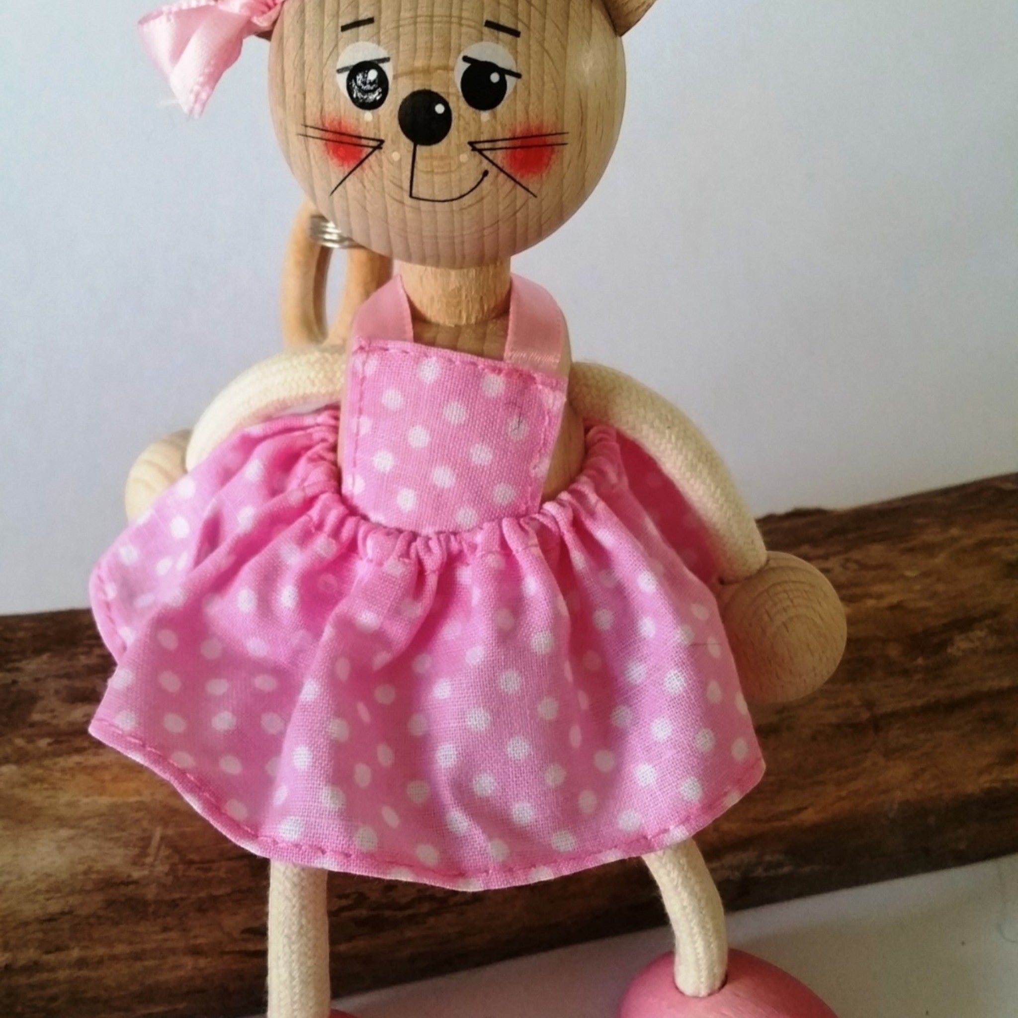 Handcrafted Cat Girl Wooden Bouncy Puppet 🐱🎀