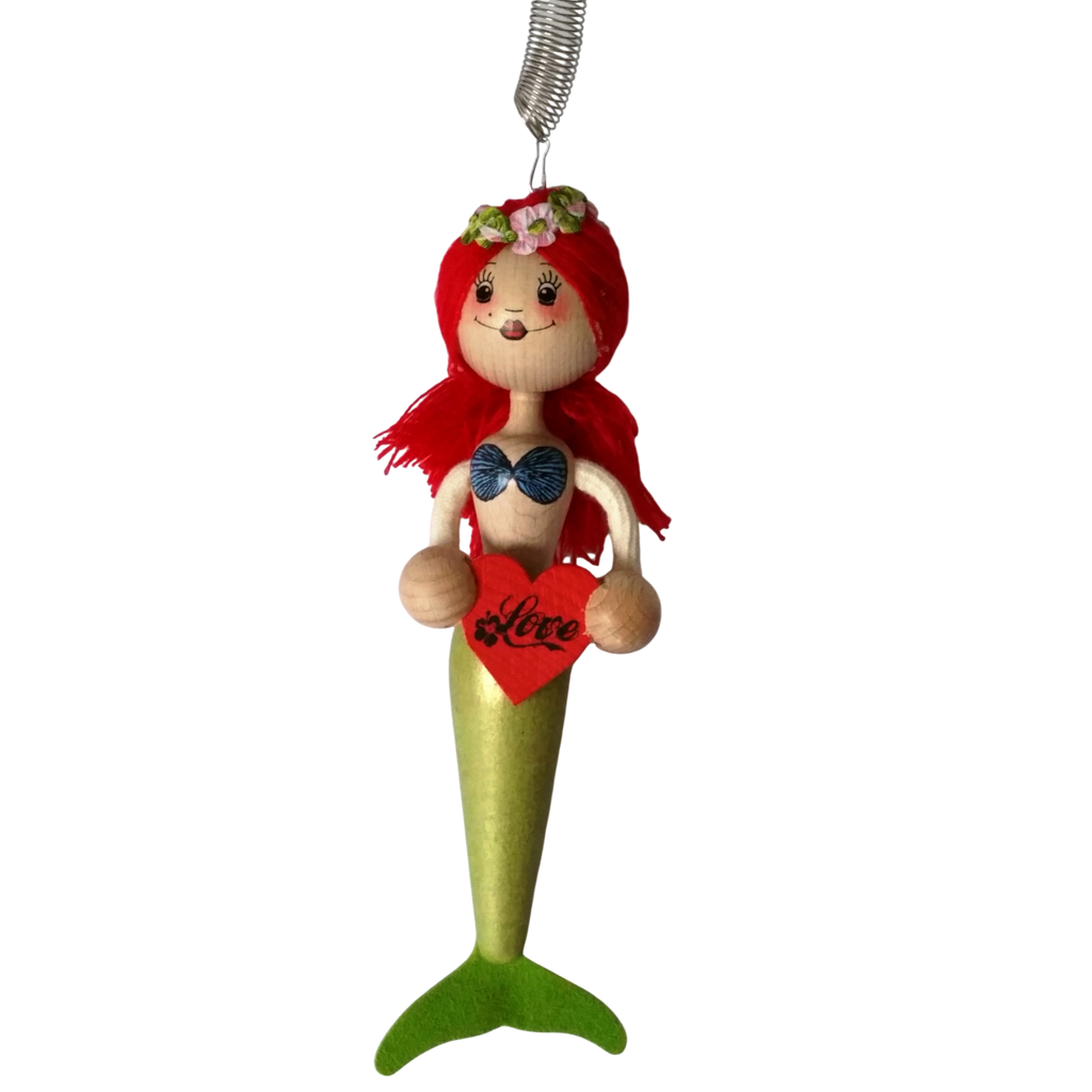Handcrafted Red-Haired Mermaid Wooden Bouncy Puppet 🧜‍♀️💚 — Green Tail