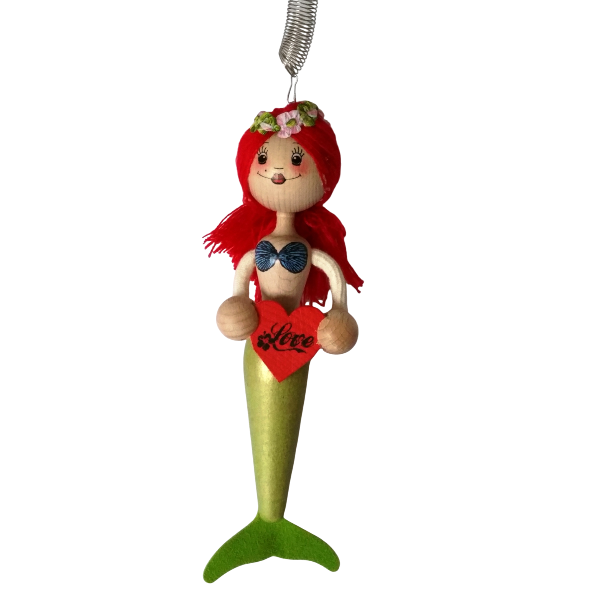 Handcrafted Red-Haired Mermaid Wooden Bouncy Puppet 🧜‍♀️💚 — Green Tail