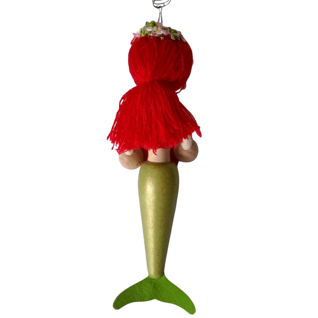 Handcrafted Red-Haired Mermaid Wooden Bouncy Puppet 🧜‍♀️💚 — Green Tail
