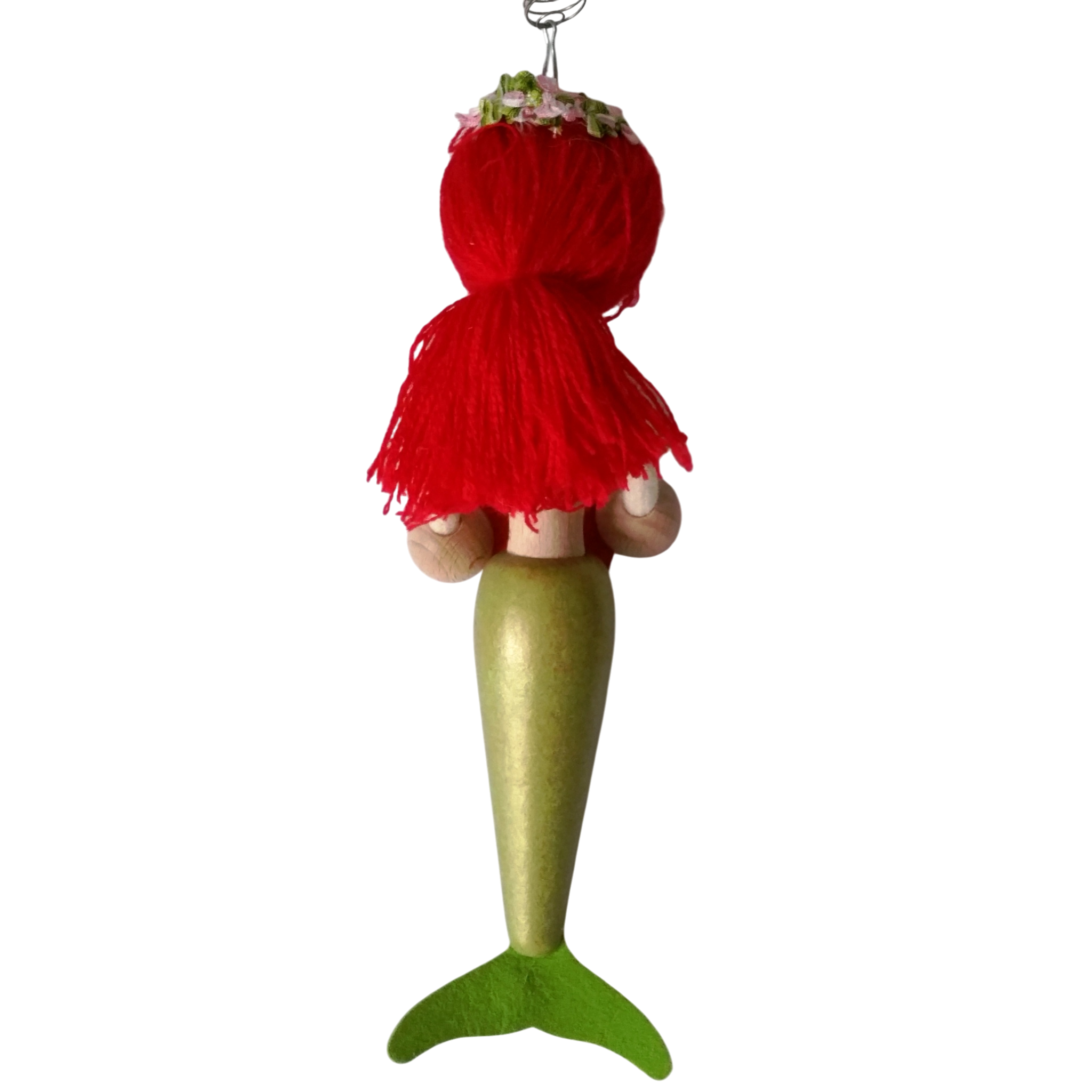 Handcrafted Red-Haired Mermaid Wooden Bouncy Puppet 🧜‍♀️💚 — Green Tail