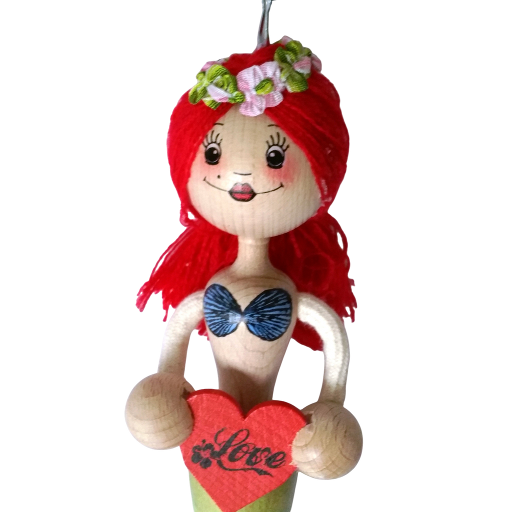 Handcrafted Red-Haired Mermaid Wooden Bouncy Puppet 🧜‍♀️💚 — Green Tail