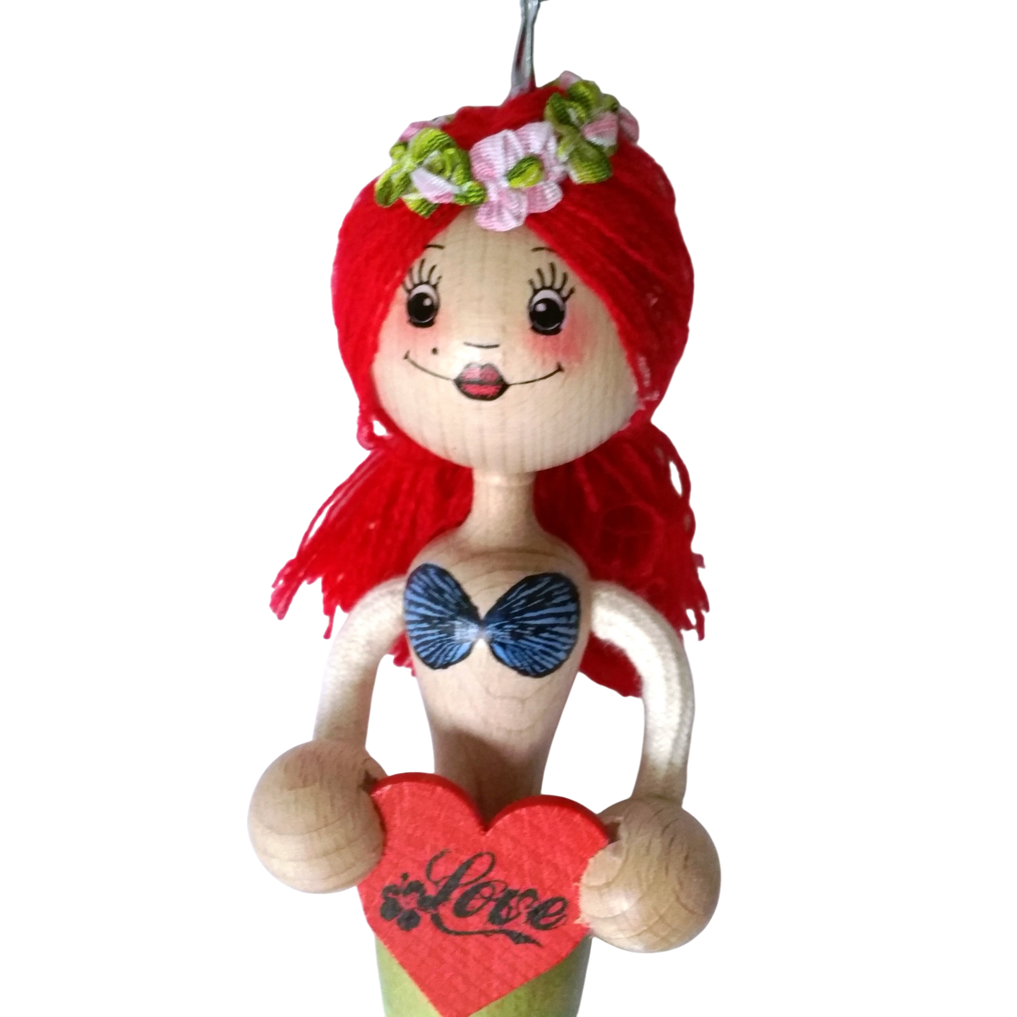 Handcrafted Red-Haired Mermaid Wooden Bouncy Puppet 🧜‍♀️💚 — Green Tail