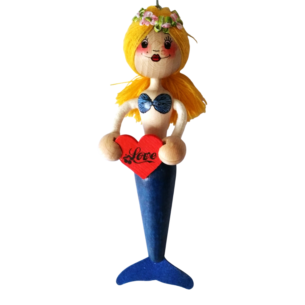 Handcrafted Blonde Mermaid Wooden Bouncy Puppet 🧜‍♀️💙 — Blue Tail