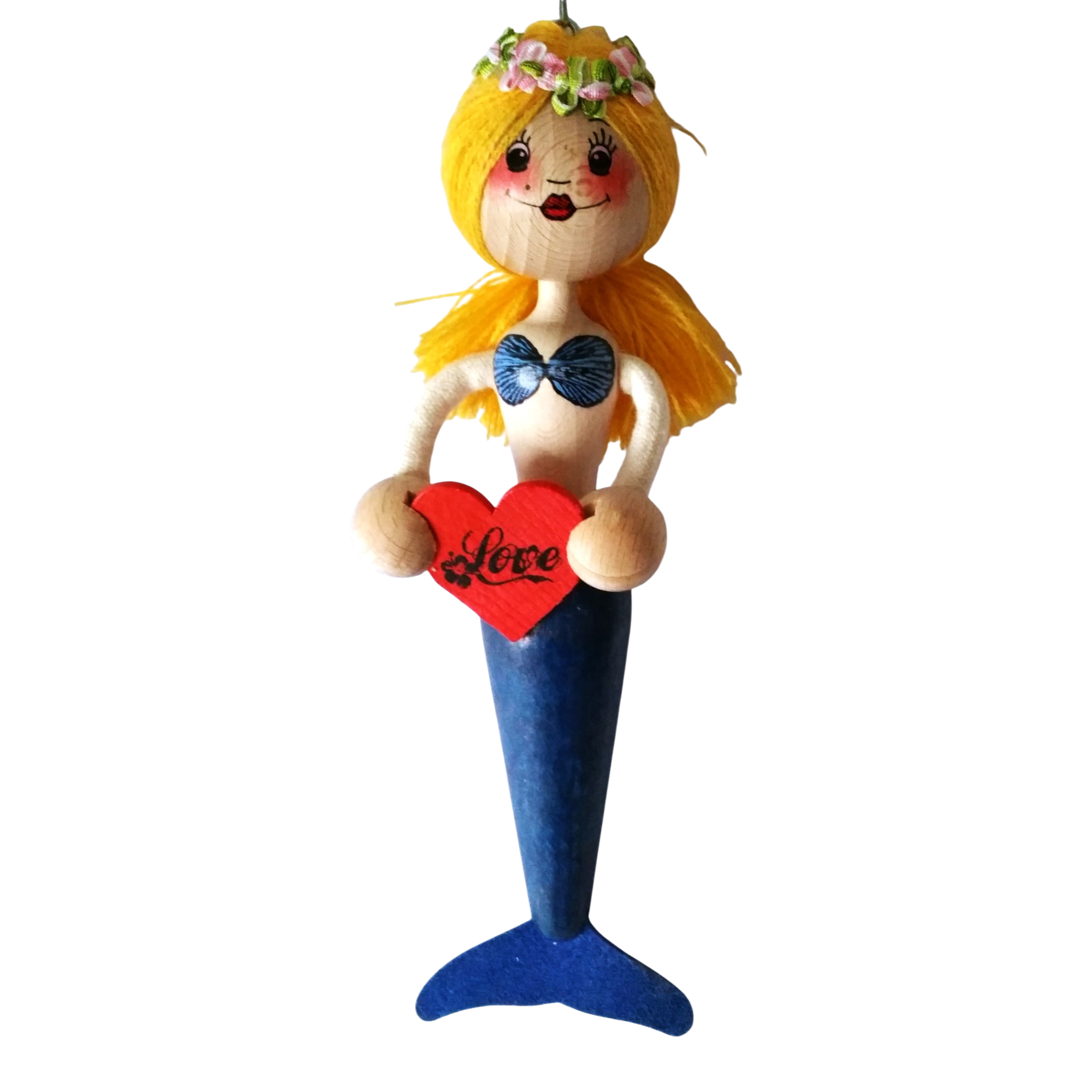 Handcrafted Blonde Mermaid Wooden Bouncy Puppet 🧜‍♀️💙 — Blue Tail