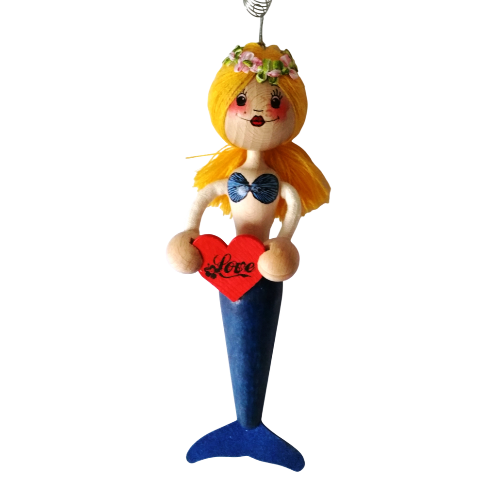 Handcrafted Blonde Mermaid Wooden Bouncy Puppet 🧜‍♀️💙 — Blue Tail