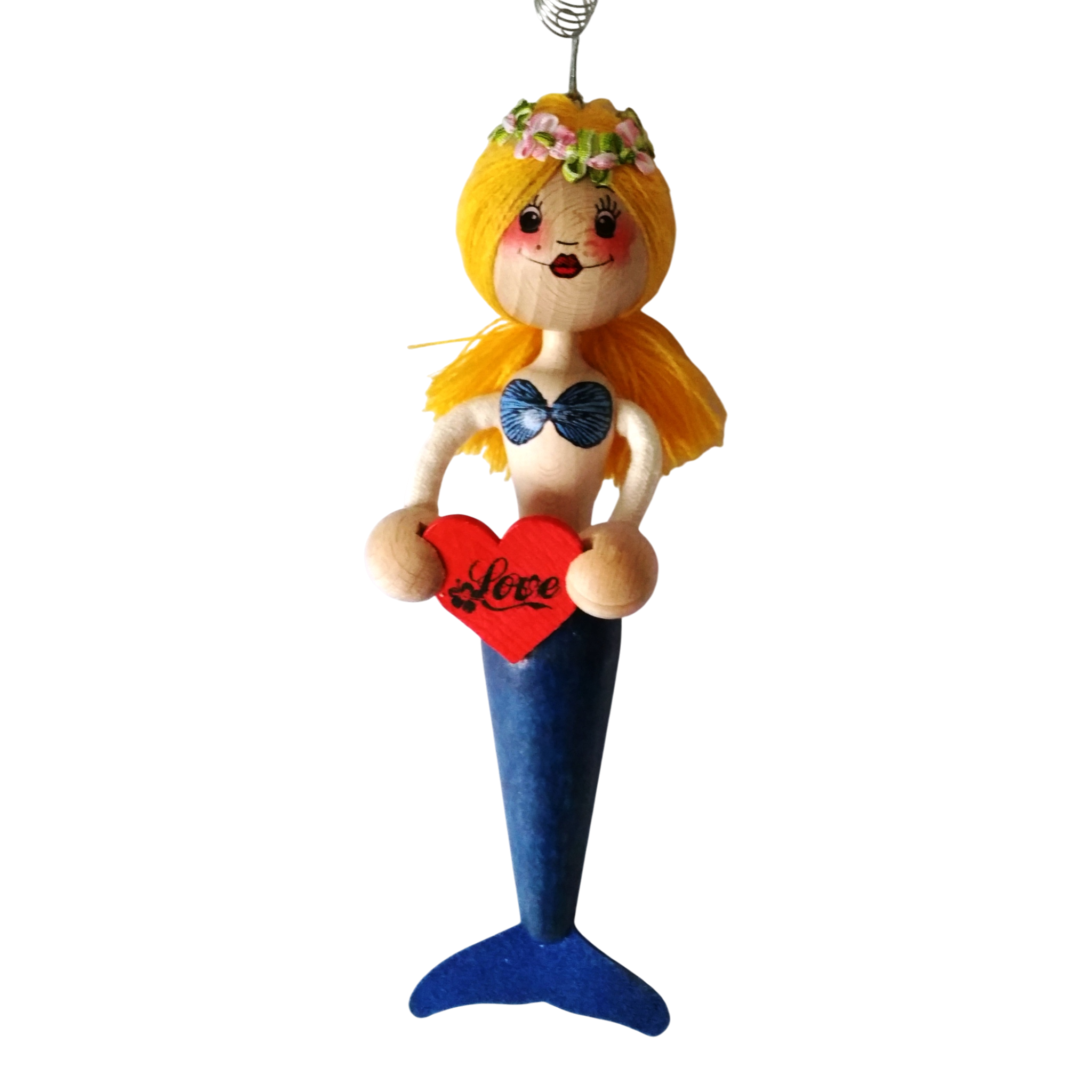 Handcrafted Blonde Mermaid Wooden Bouncy Puppet 🧜‍♀️💙 — Blue Tail