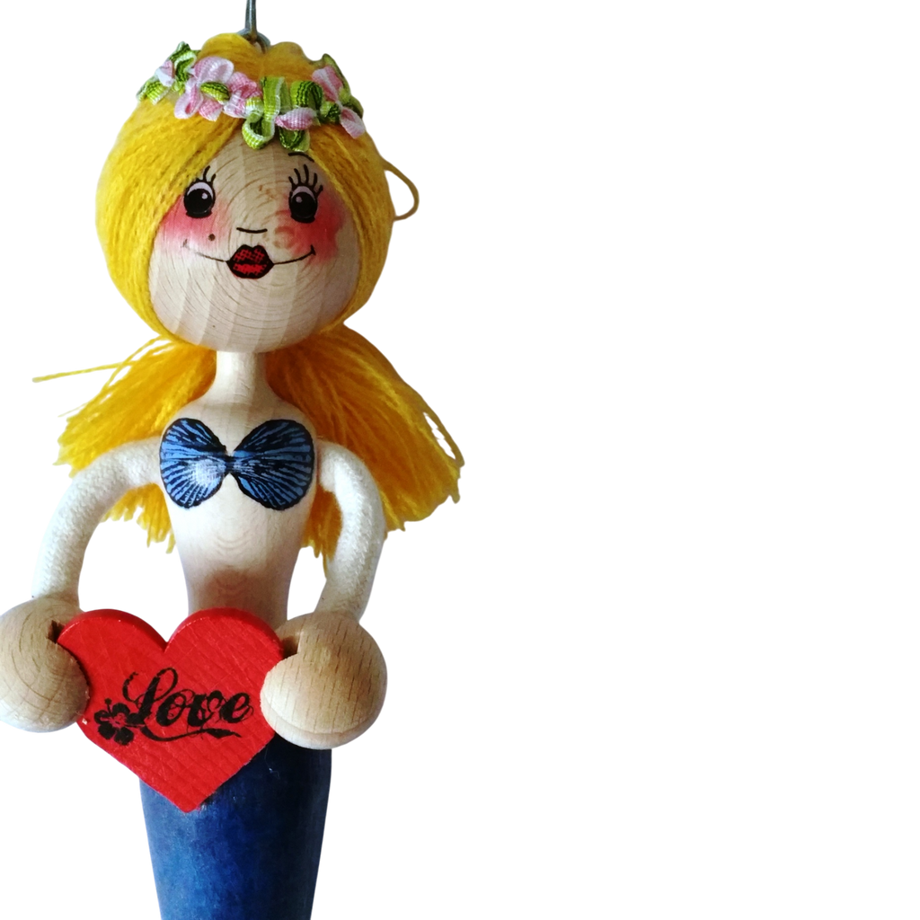 Handcrafted Blonde Mermaid Wooden Bouncy Puppet 🧜‍♀️💙 — Blue Tail