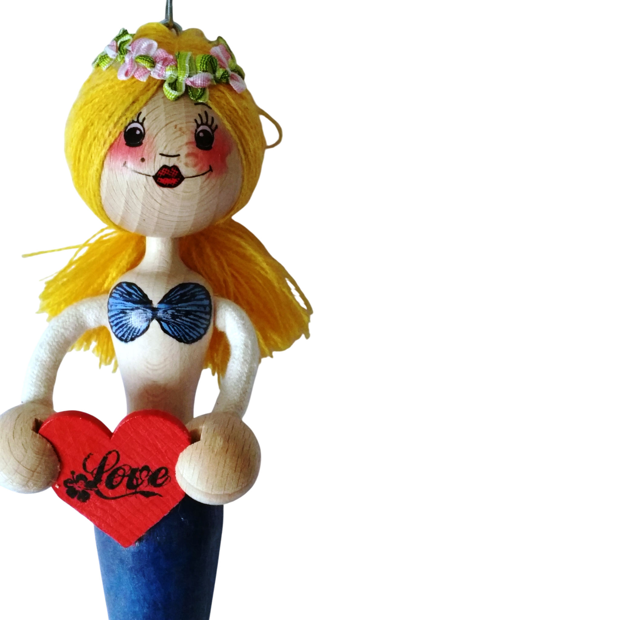 Handcrafted Blonde Mermaid Wooden Bouncy Puppet 🧜‍♀️💙 — Blue Tail