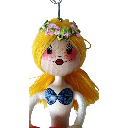 Handcrafted Blonde Mermaid Wooden Bouncy Puppet 🧜‍♀️💙 — Blue Tail