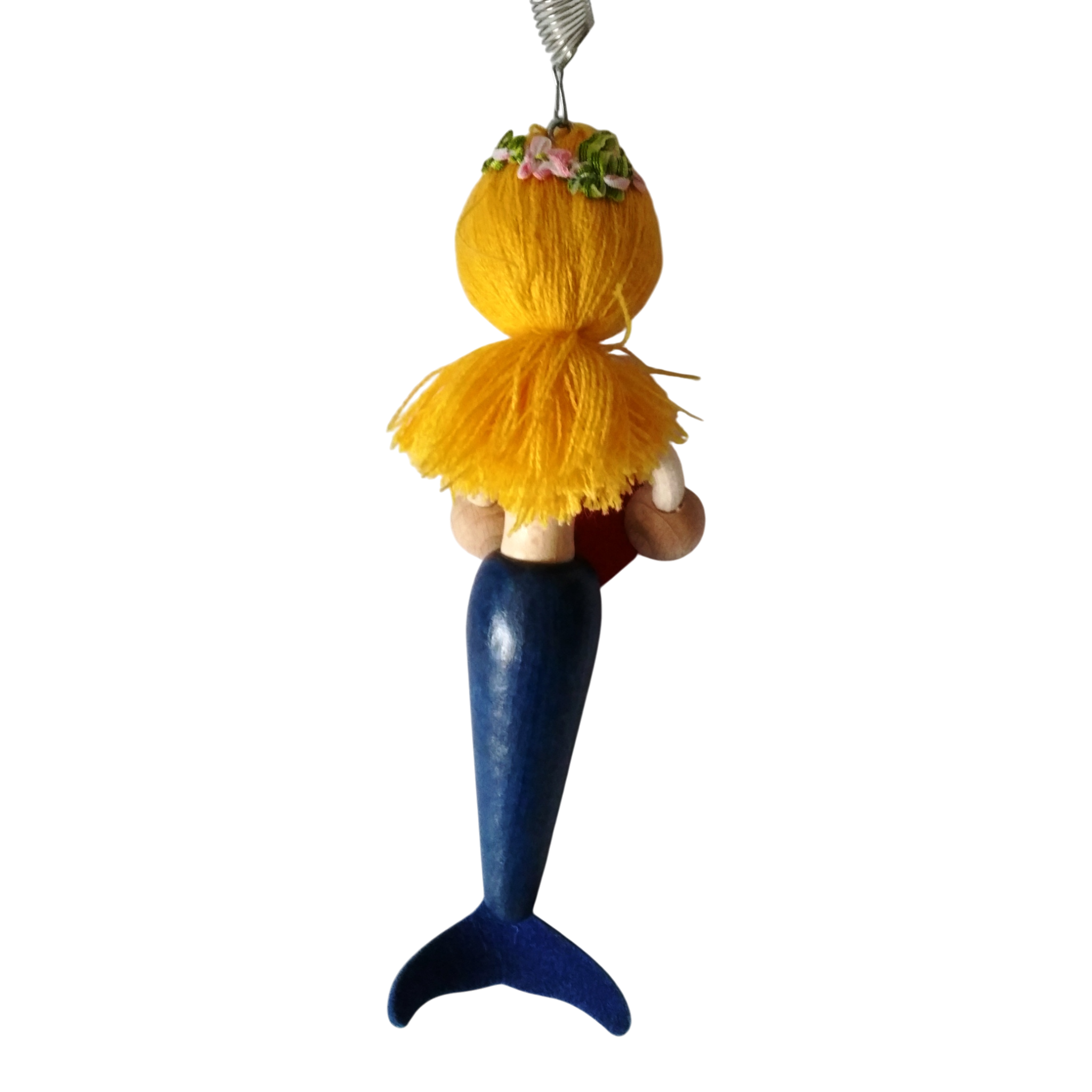 Handcrafted Blonde Mermaid Wooden Bouncy Puppet 🧜‍♀️💙 — Blue Tail