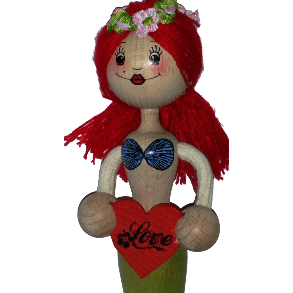 Handcrafted Red-Haired Mermaid Wooden Bouncy Puppet 🧜‍♀️💚 — Green Tail