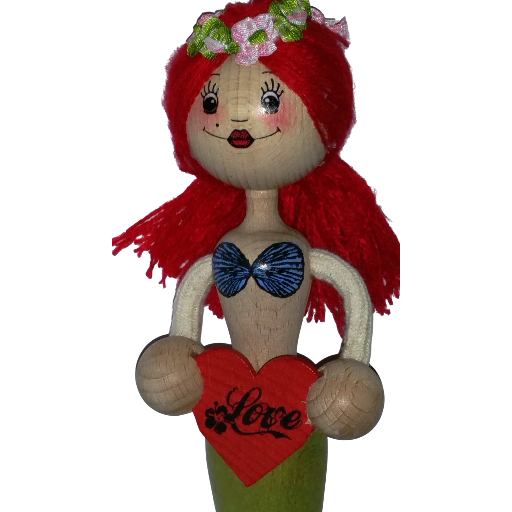 Handcrafted Red-Haired Mermaid Wooden Bouncy Puppet 🧜‍♀️💚 — Green Tail