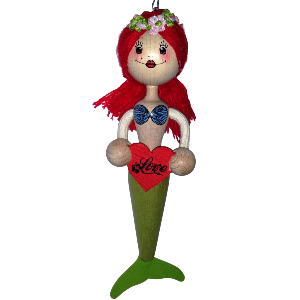 Handcrafted Red-Haired Mermaid Wooden Bouncy Puppet 🧜‍♀️💚 — Green Tail