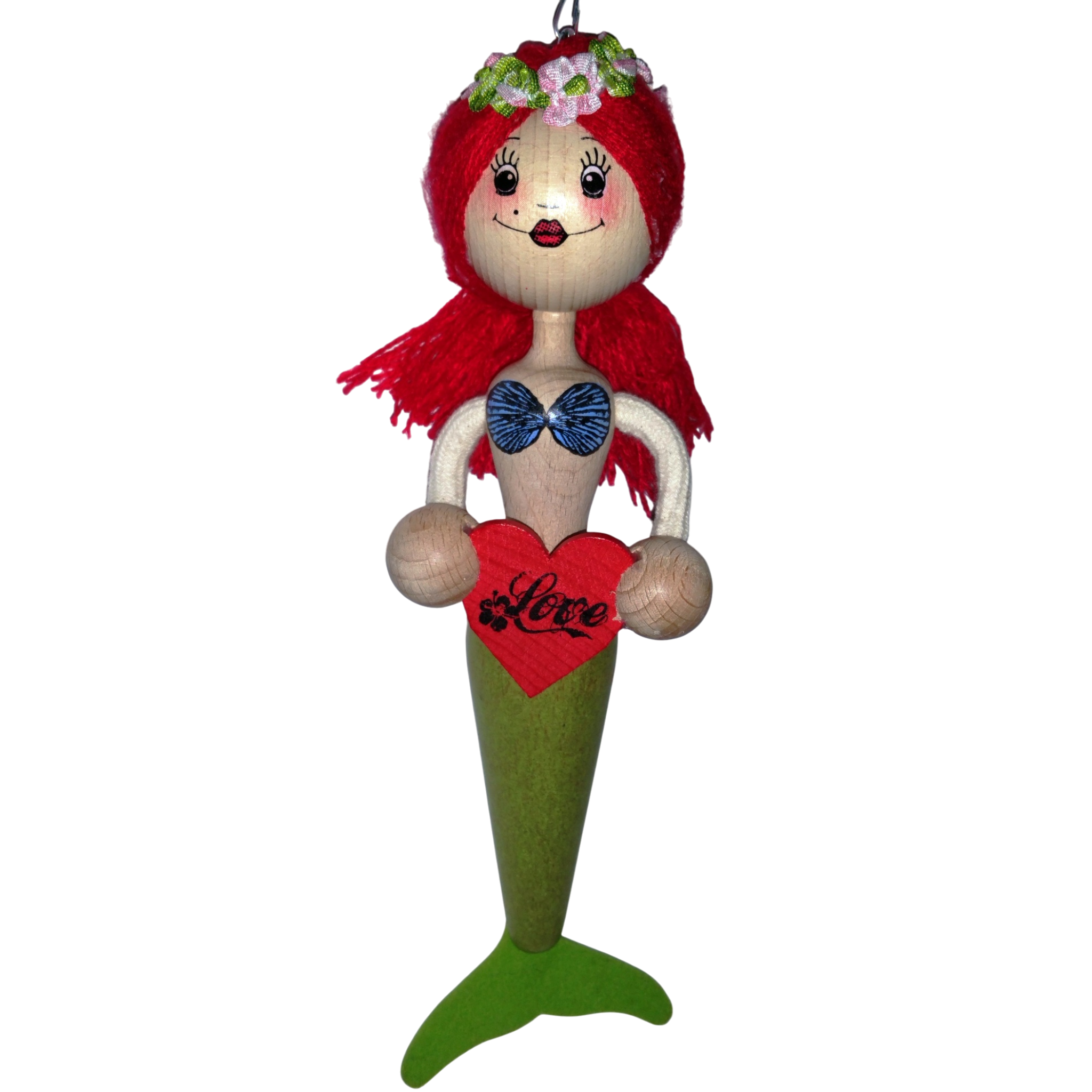 Handcrafted Red-Haired Mermaid Wooden Bouncy Puppet 🧜‍♀️💚 — Green Tail