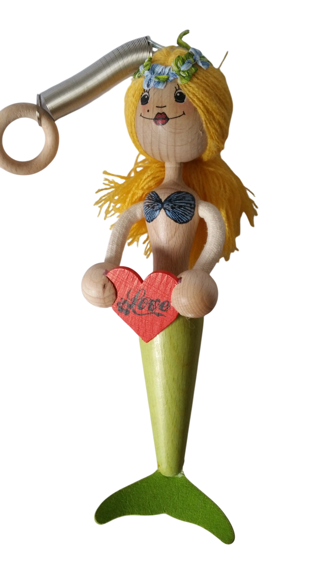 Handcrafted Blonde Mermaid Wooden Bouncy Puppet 🧜‍♀️💚 — Green Tail