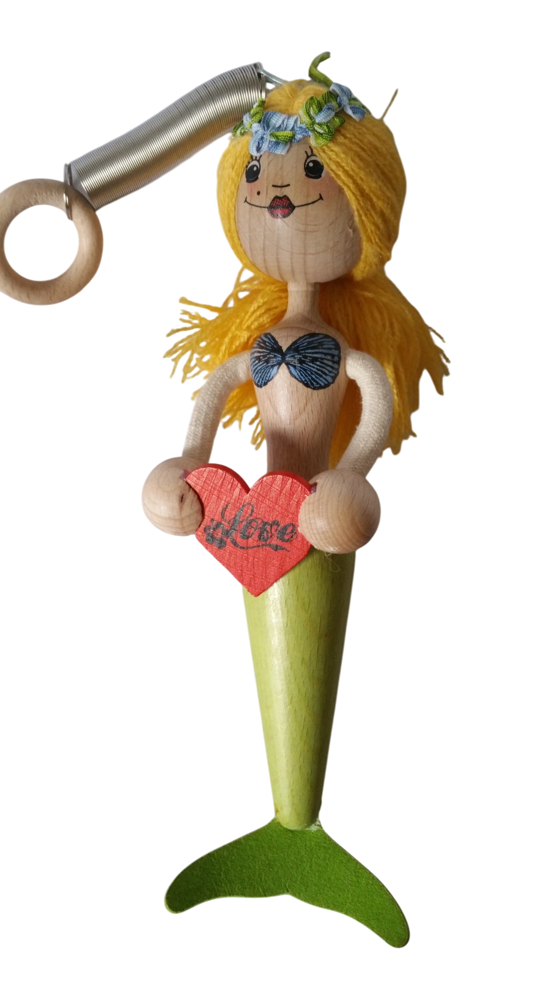Handcrafted Blonde Mermaid Wooden Bouncy Puppet 🧜‍♀️💚 — Green Tail