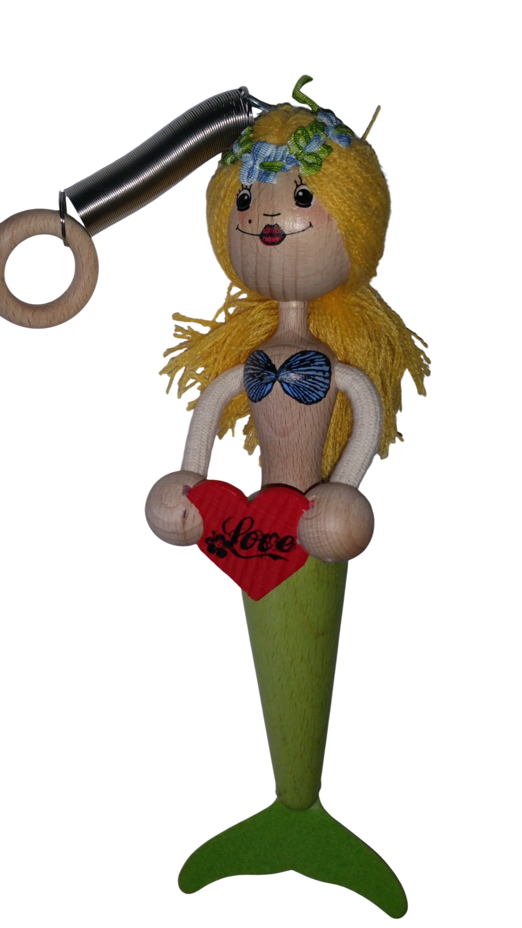 Handcrafted Blonde Mermaid Wooden Bouncy Puppet 🧜‍♀️💚 — Green Tail