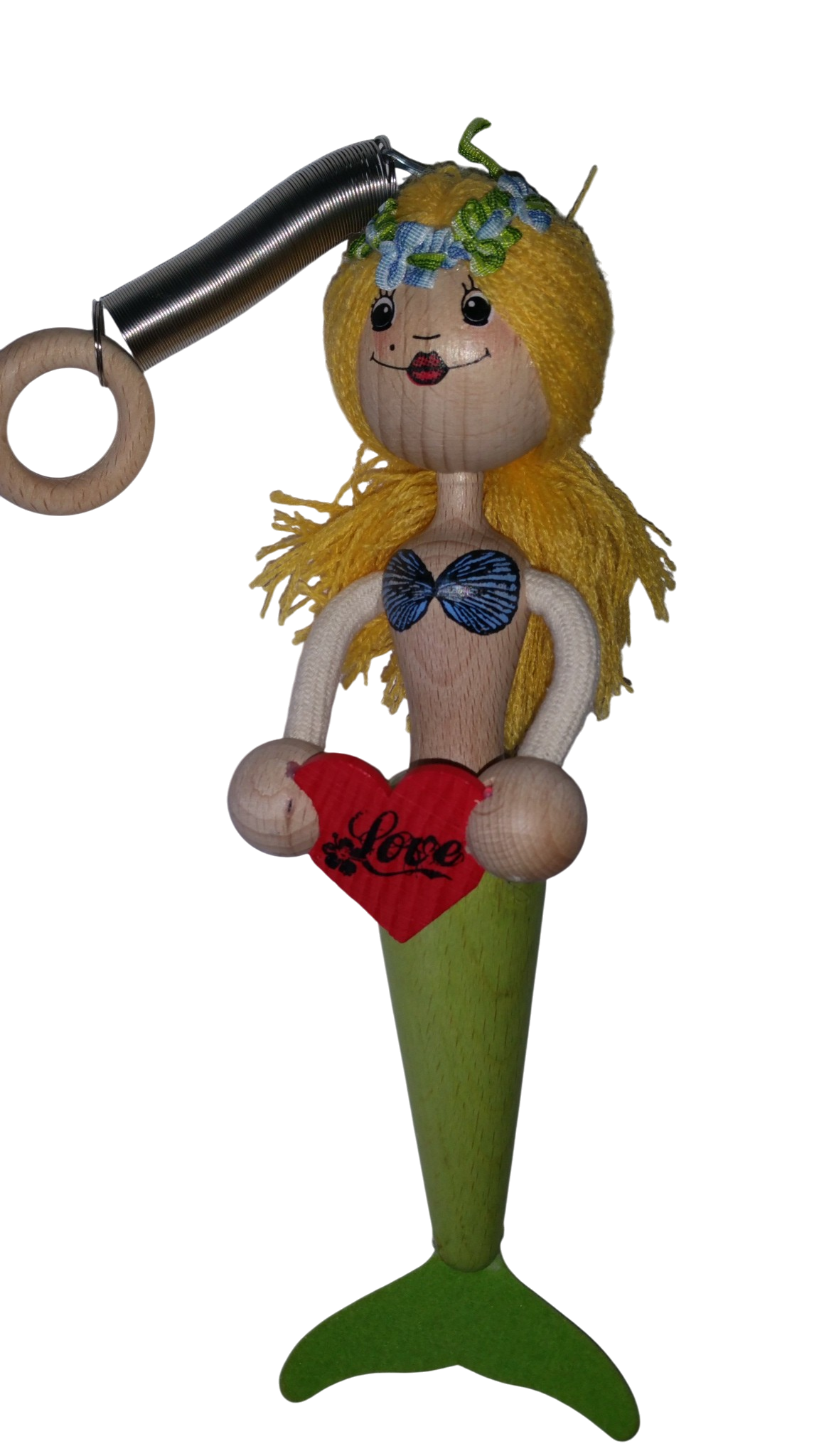 Handcrafted Blonde Mermaid Wooden Bouncy Puppet 🧜‍♀️💚 — Green Tail