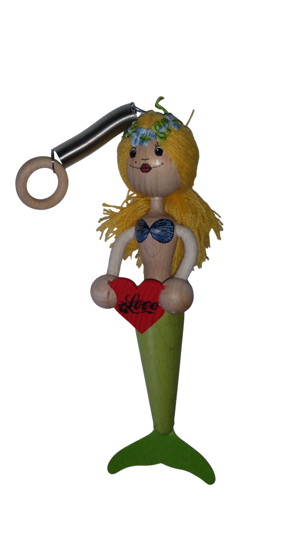 Handcrafted Blonde Mermaid Wooden Bouncy Puppet 🧜‍♀️💚 — Green Tail
