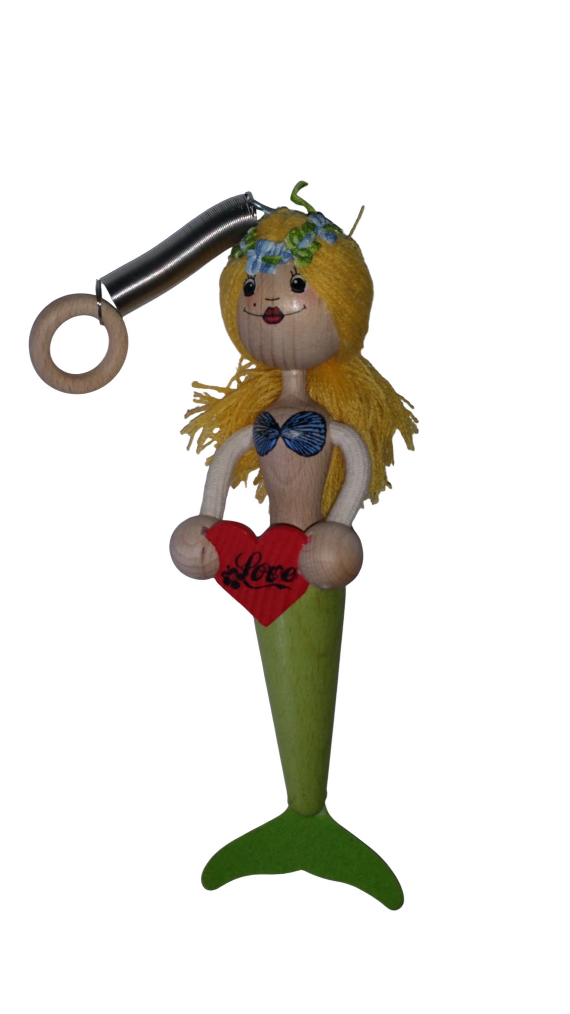 Handcrafted Blonde Mermaid Wooden Bouncy Puppet 🧜‍♀️💚 — Green Tail