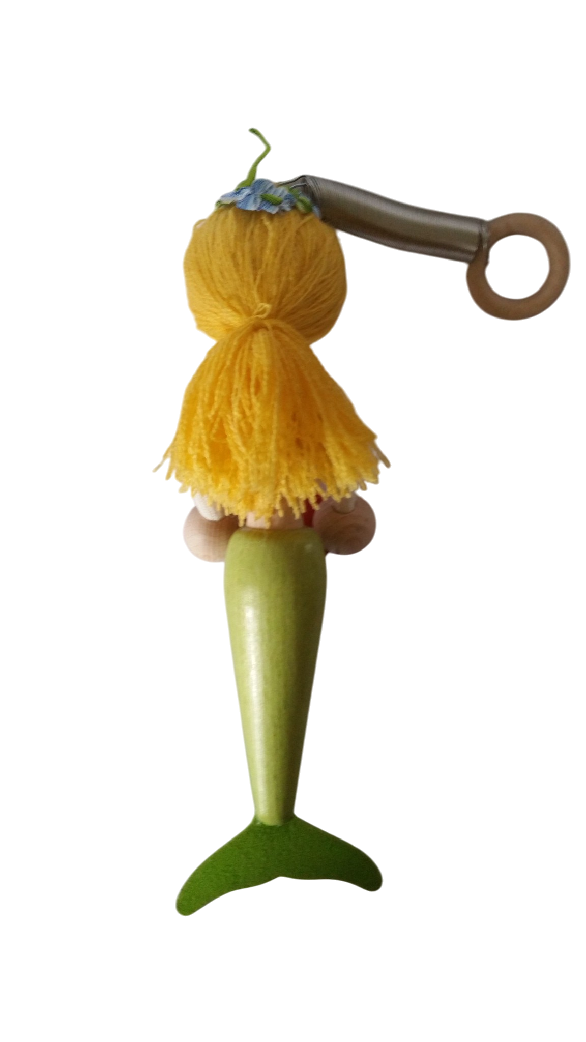 Handcrafted Blonde Mermaid Wooden Bouncy Puppet 🧜‍♀️💚 — Green Tail