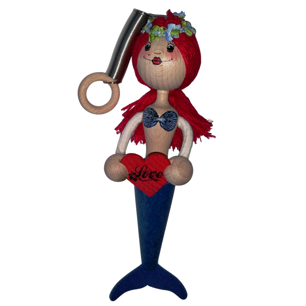 Handcrafted Red-Haired Mermaid Wooden Bouncy Puppet 🧜‍♀️💙 — Blue Tail