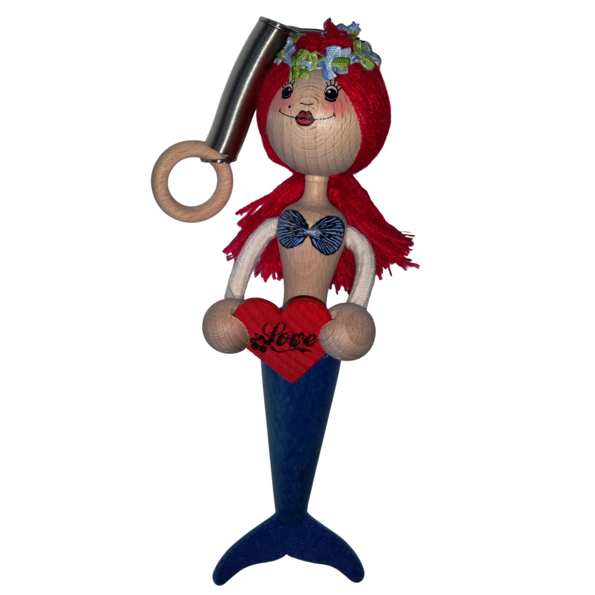 Handcrafted Red-Haired Mermaid Wooden Bouncy Puppet 🧜‍♀️💙 — Blue Tail