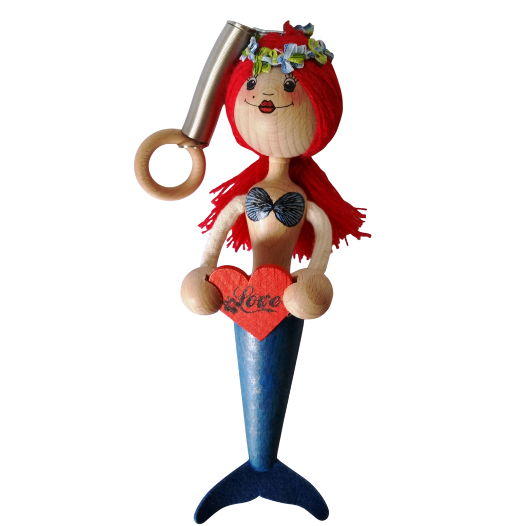 Handcrafted Red-Haired Mermaid Wooden Bouncy Puppet 🧜‍♀️💙 — Blue Tail