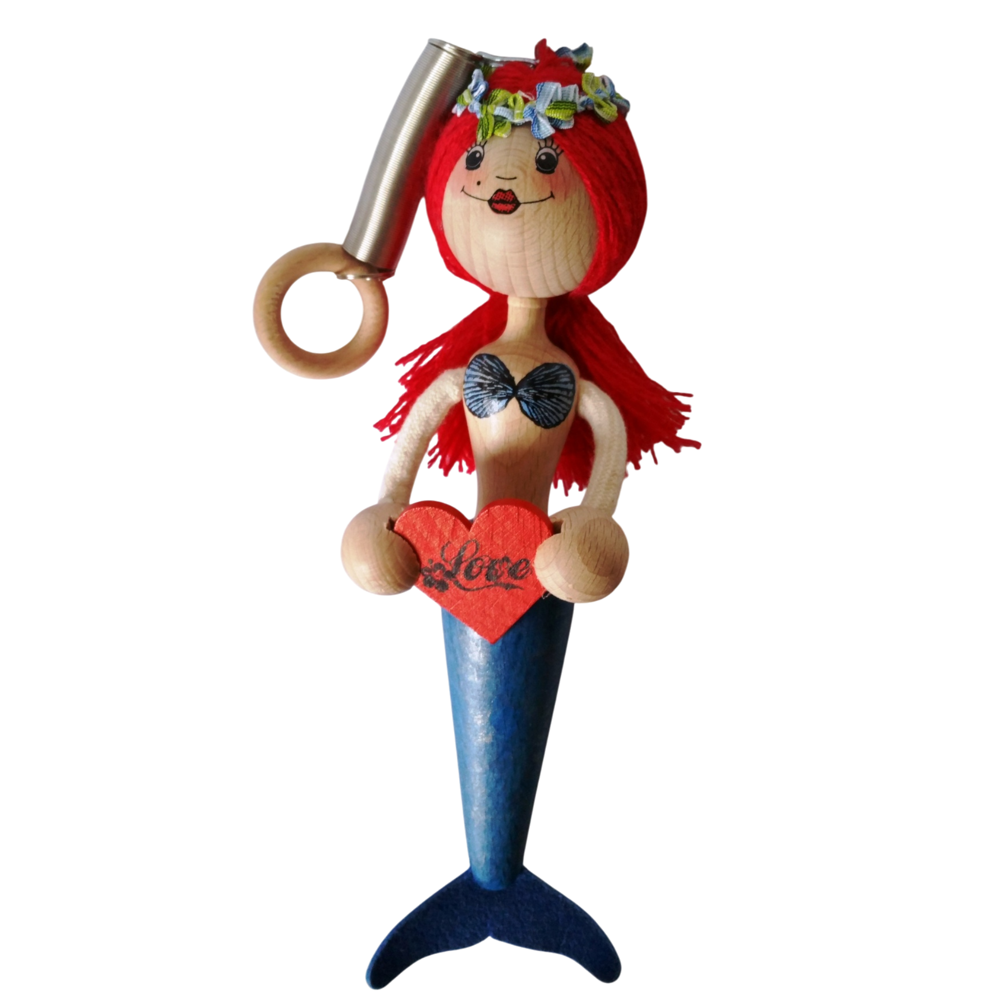 Handcrafted Red-Haired Mermaid Wooden Bouncy Puppet 🧜‍♀️💙 — Blue Tail