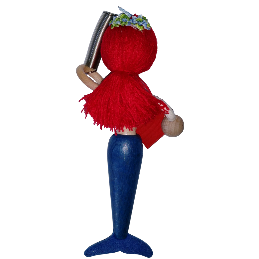 Handcrafted Red-Haired Mermaid Wooden Bouncy Puppet 🧜‍♀️💙 — Blue Tail