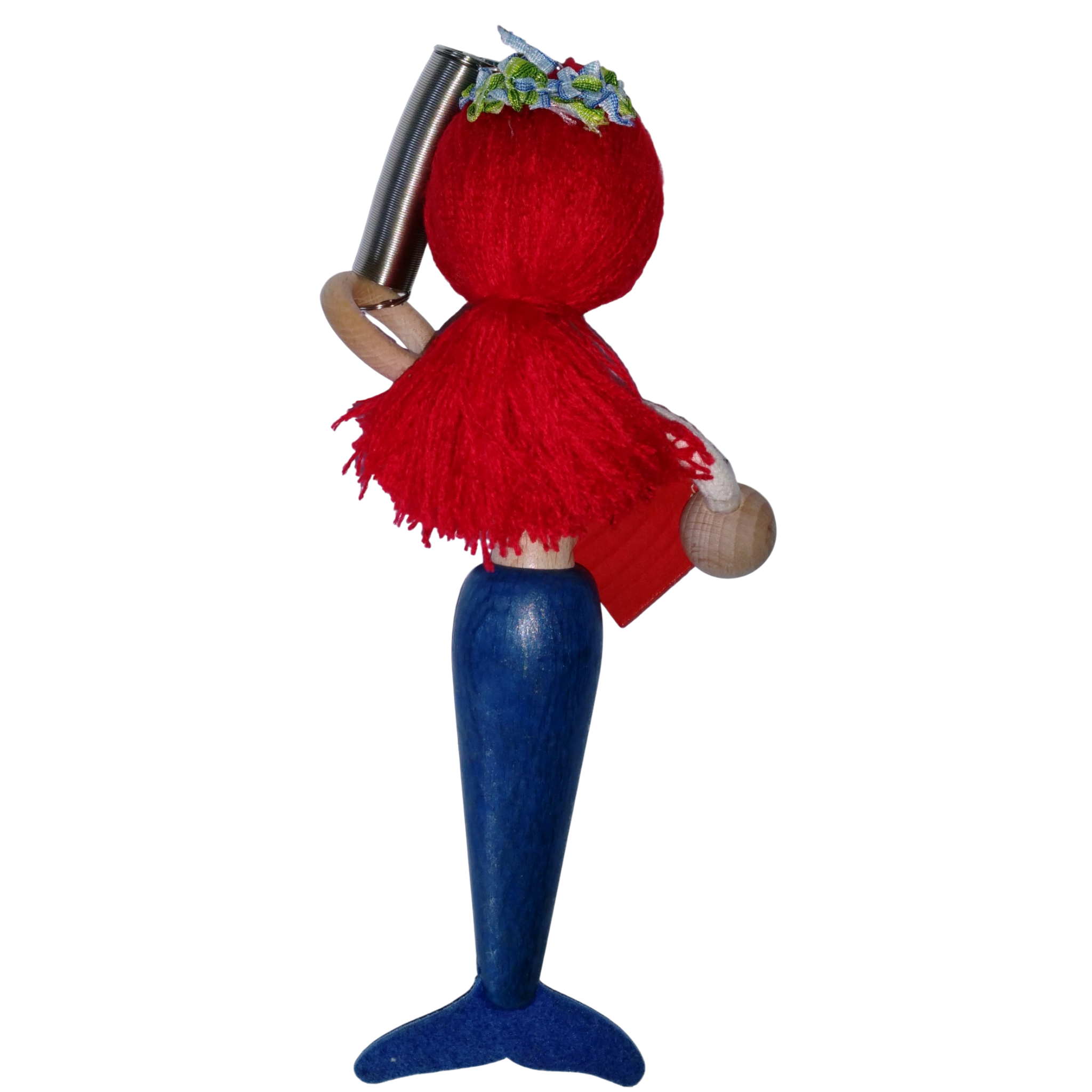 Handcrafted Red-Haired Mermaid Wooden Bouncy Puppet 🧜‍♀️💙 — Blue Tail