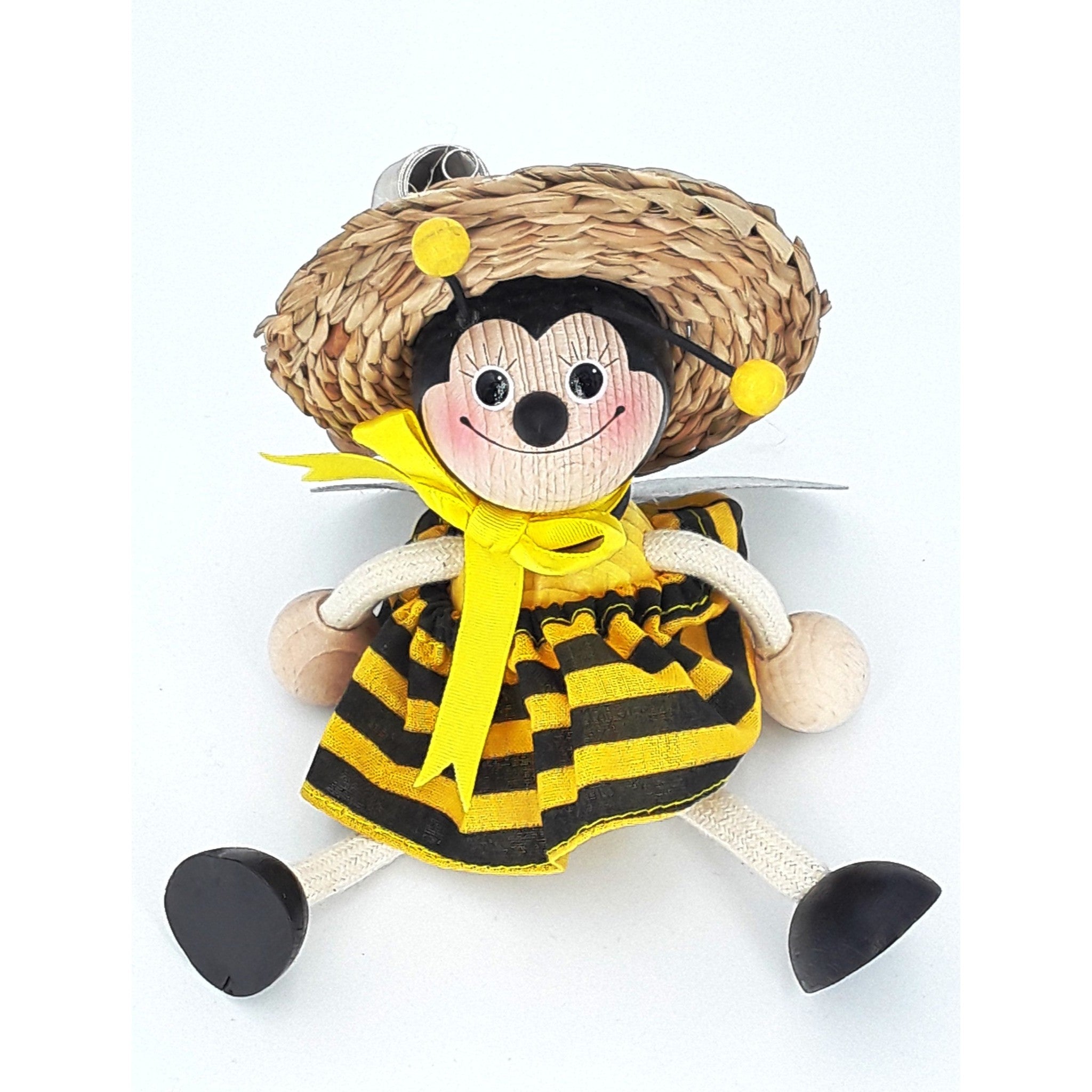Handcrafted Bumblebee Queen Wooden Bouncy Puppet with Straw Hat 🐝🎩