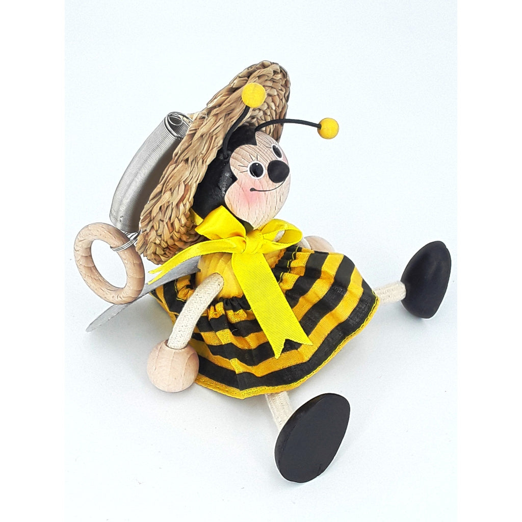 Handcrafted Bumblebee Queen Wooden Bouncy Puppet with Straw Hat 🐝🎩