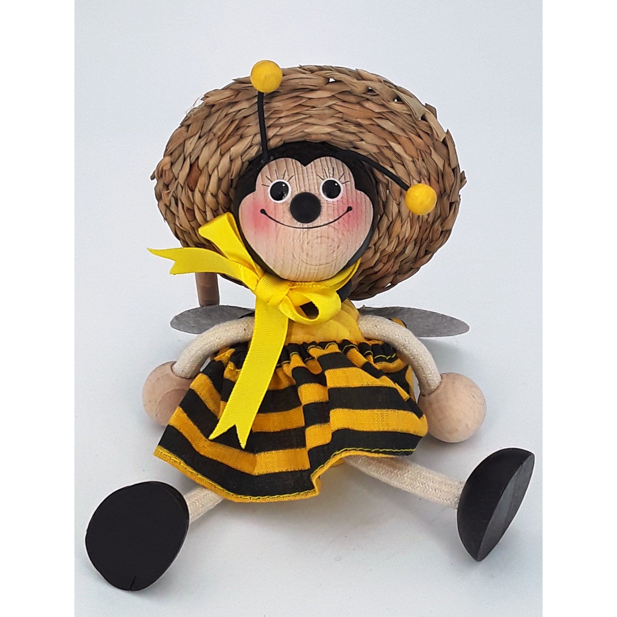 Handcrafted Bumblebee Queen Wooden Bouncy Puppet with Straw Hat 🐝🎩