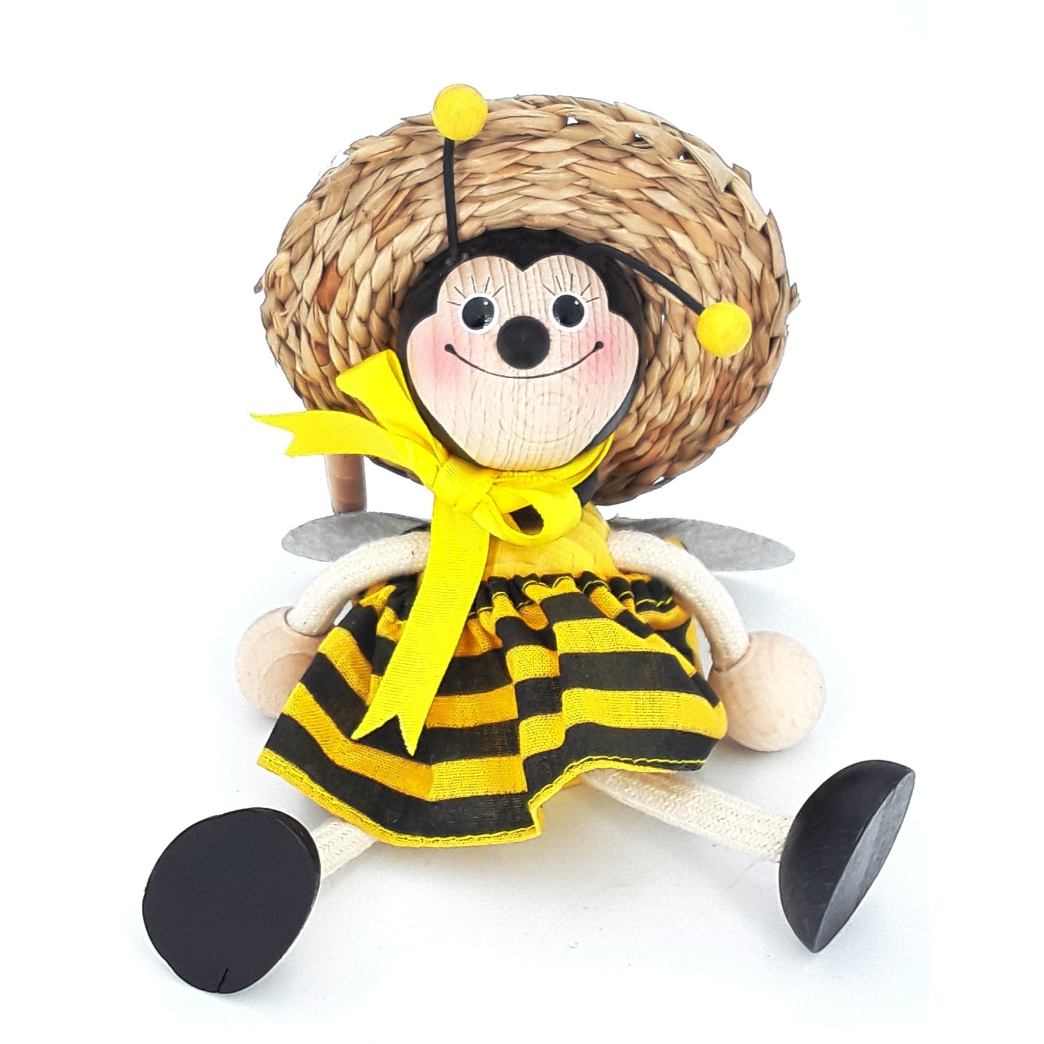 Handcrafted Bumblebee Queen Wooden Bouncy Puppet with Straw Hat 🐝🎩