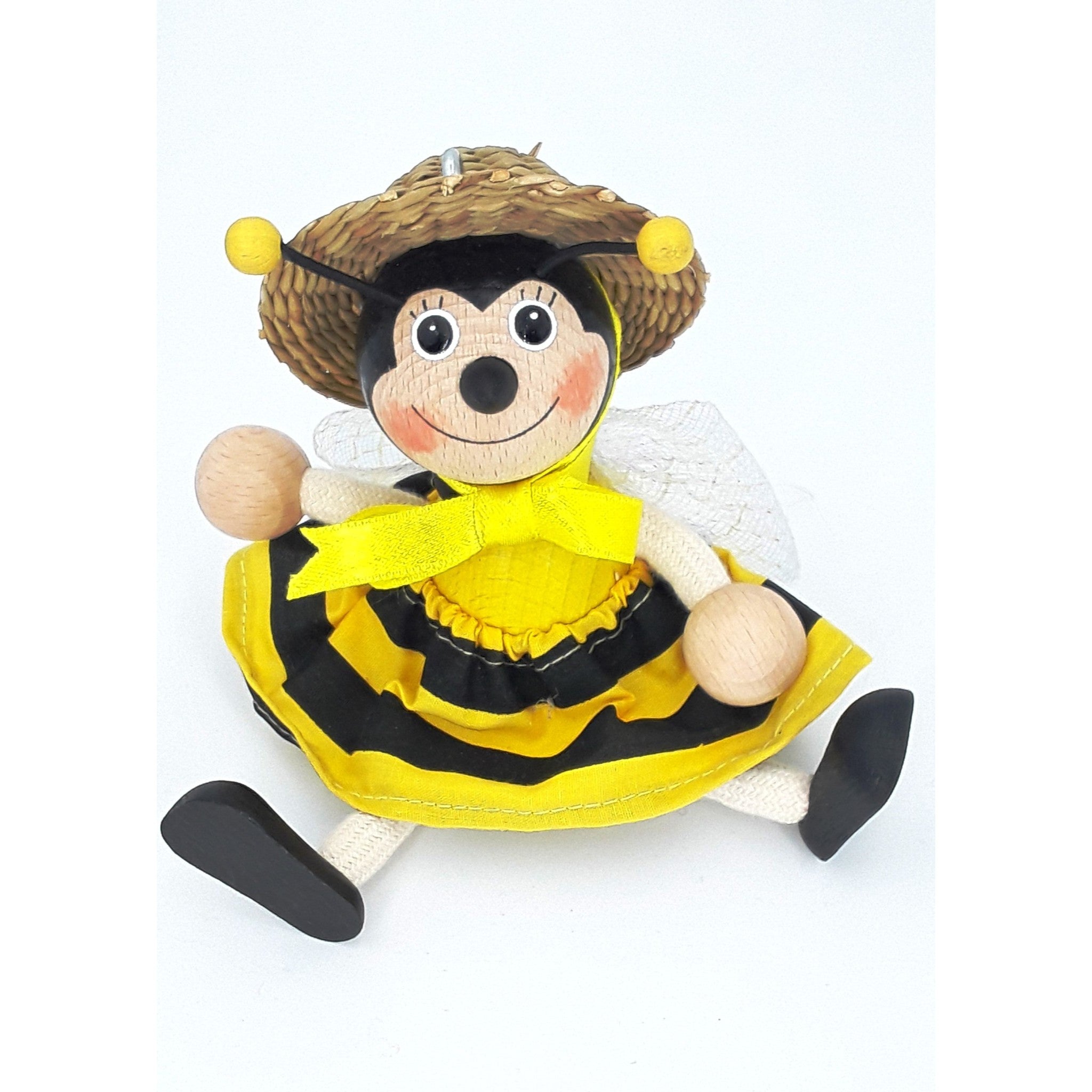 Handcrafted Bumblebee Queen Wooden Bouncy Puppet with Straw Hat 🐝🎩