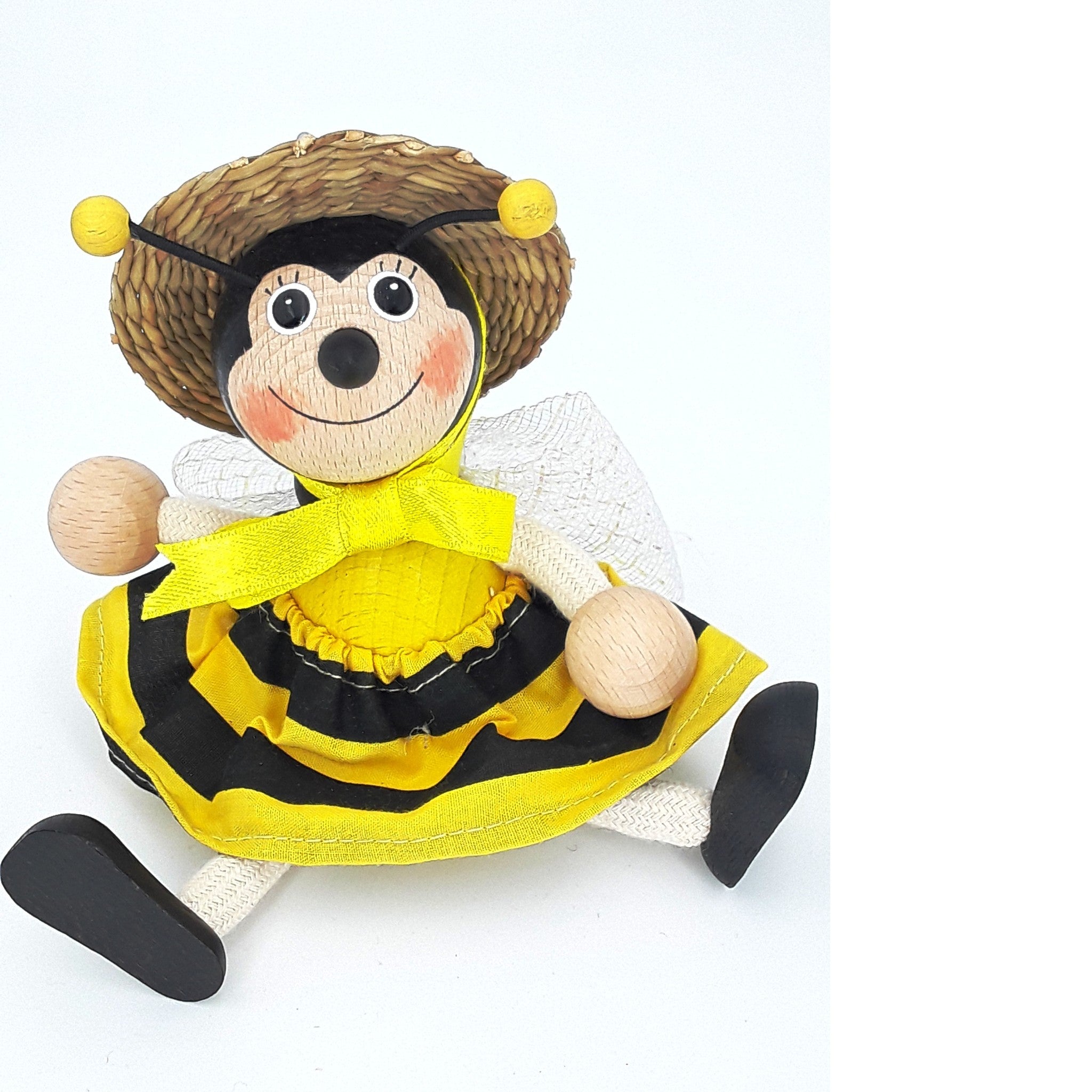 Handcrafted Bumblebee Queen Wooden Bouncy Puppet with Straw Hat 🐝🎩