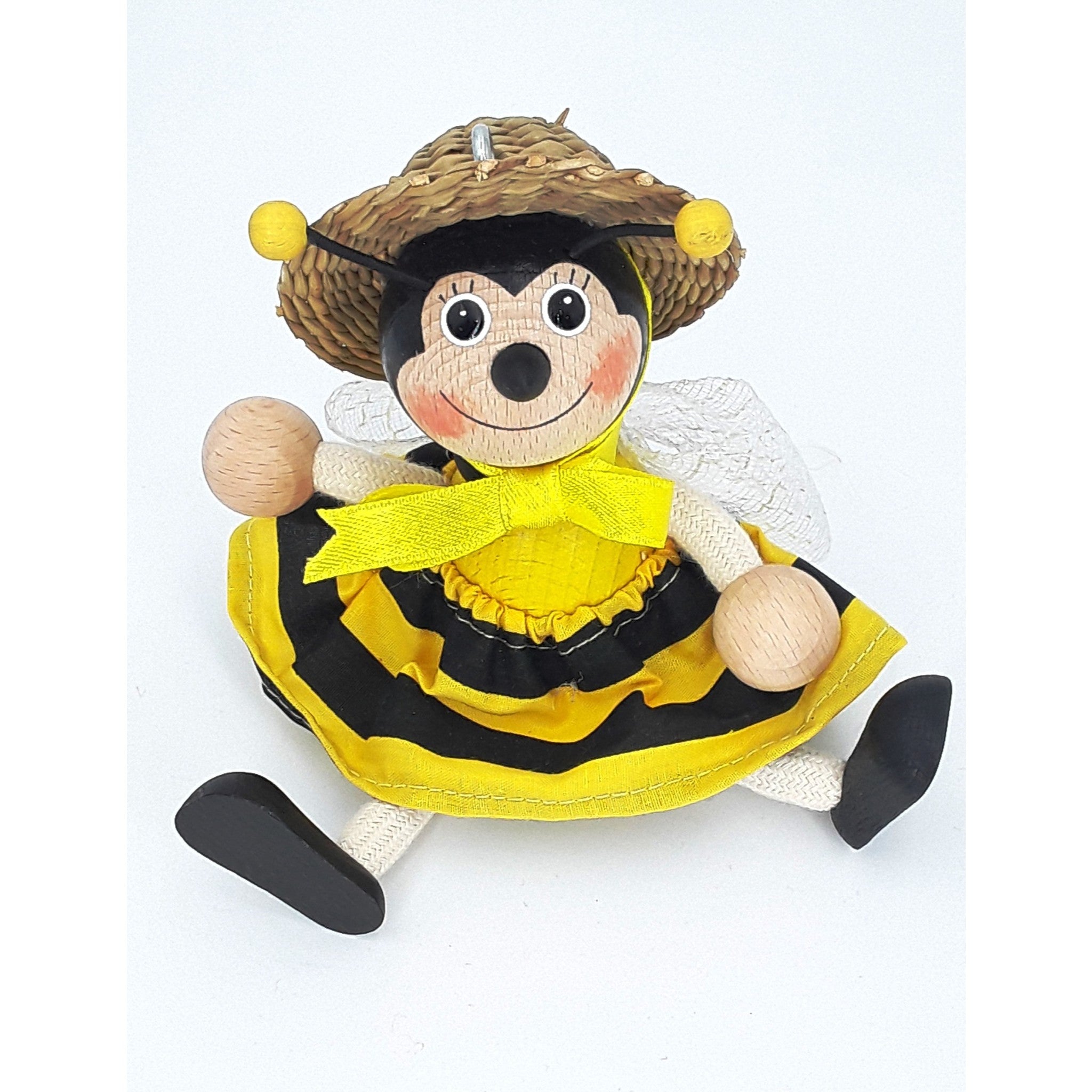 Handcrafted Bumblebee Queen Wooden Bouncy Puppet with Straw Hat 🐝🎩