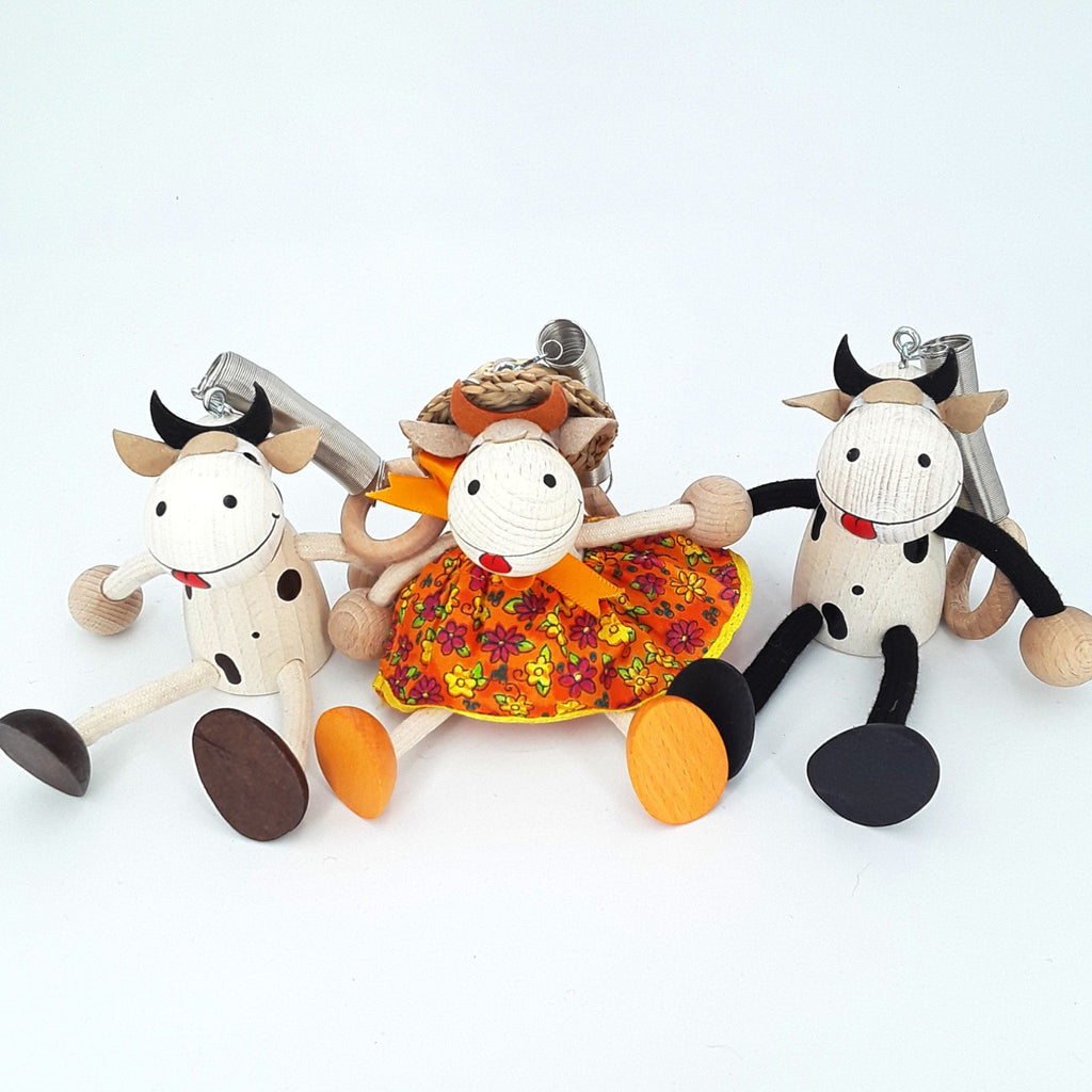 Handcrafted Cow Girl Wooden Bouncy Puppet with Straw Hat 🐄🌼