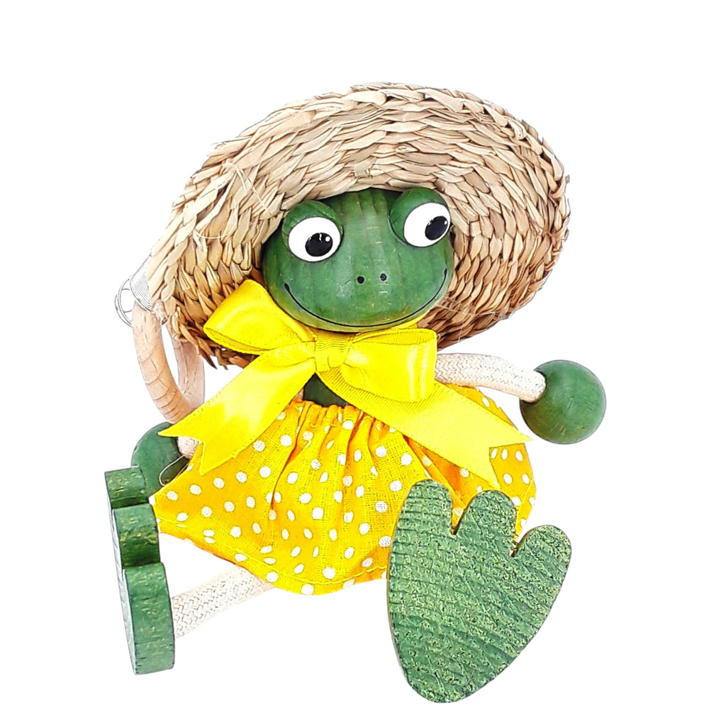 Handcrafted Frog Girl Wooden Bouncy Puppet with Straw Hat 🐸💛