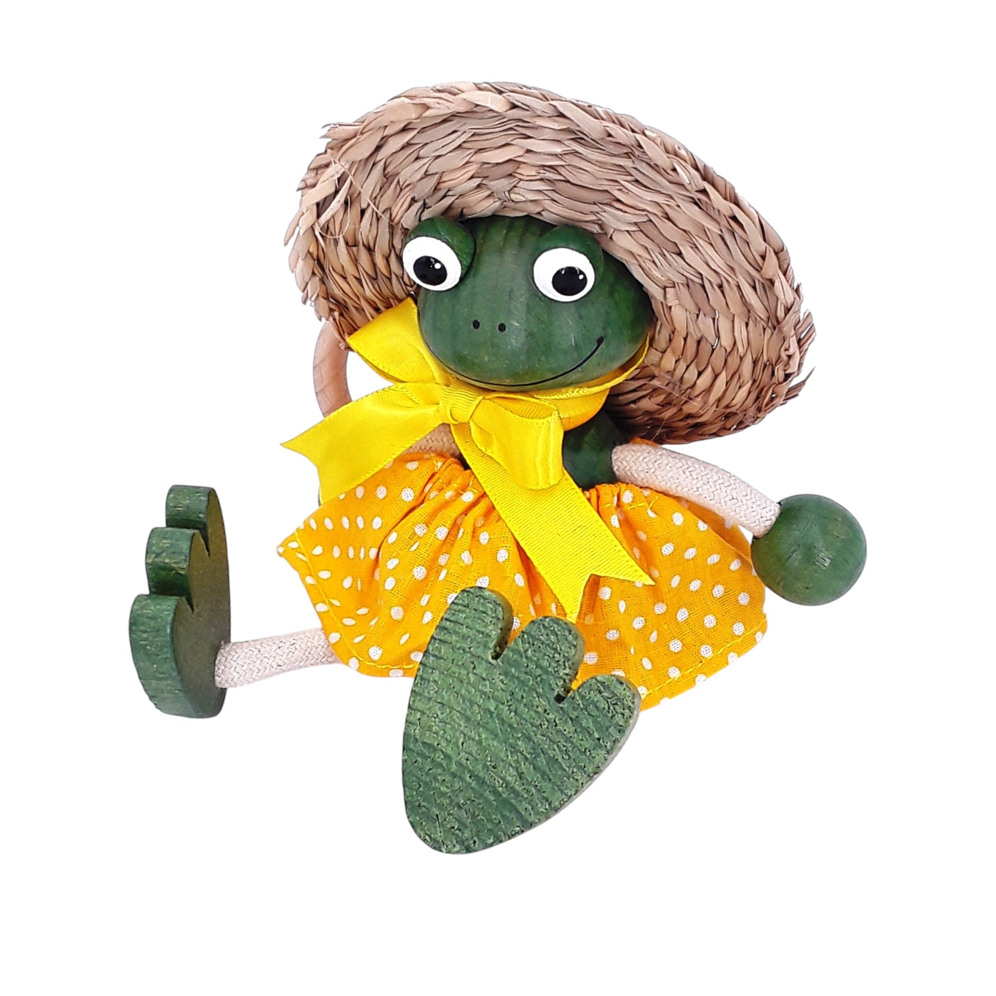 Handcrafted Frog Girl Wooden Bouncy Puppet with Straw Hat 🐸💛