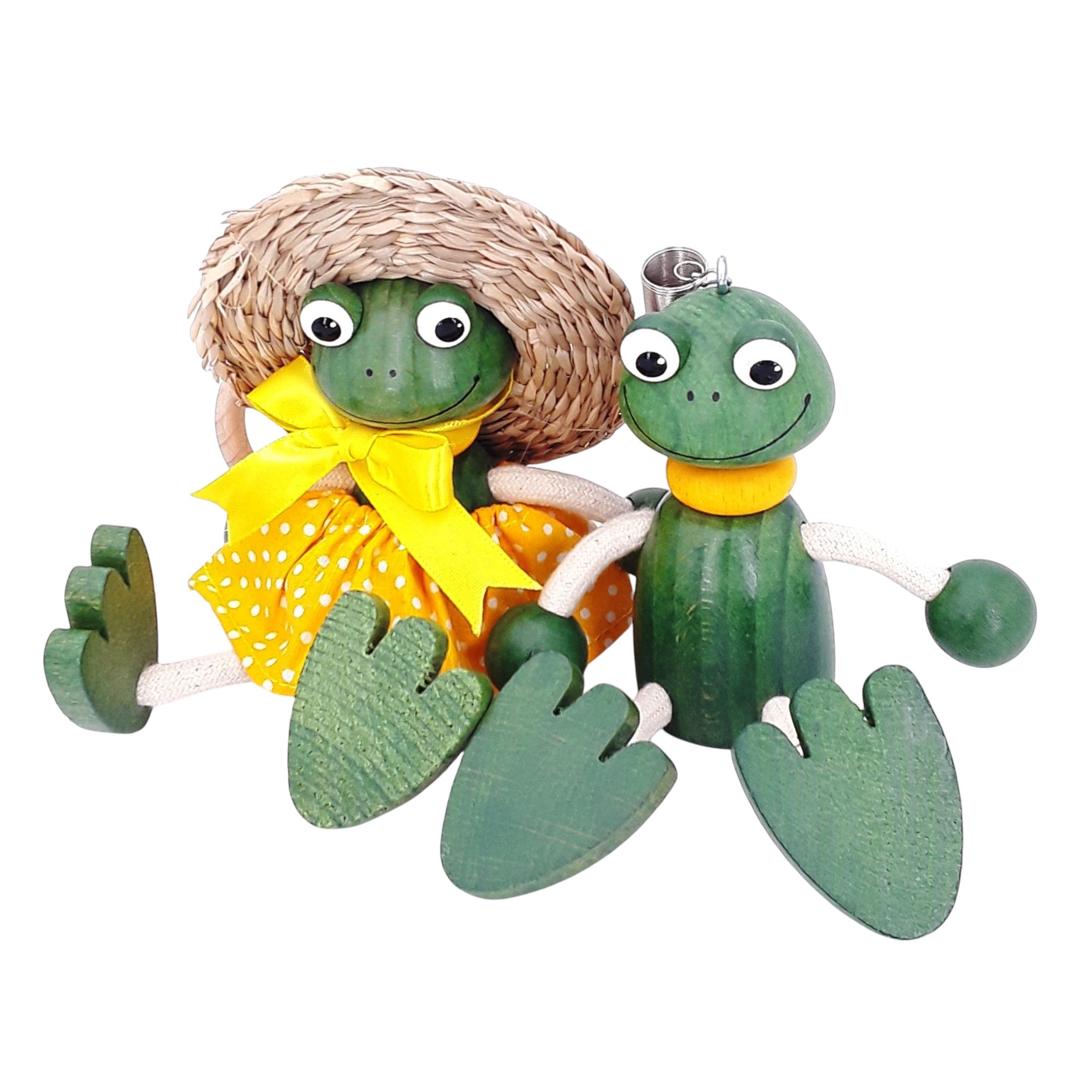 Handcrafted Frog Girl Wooden Bouncy Puppet with Straw Hat 🐸💛